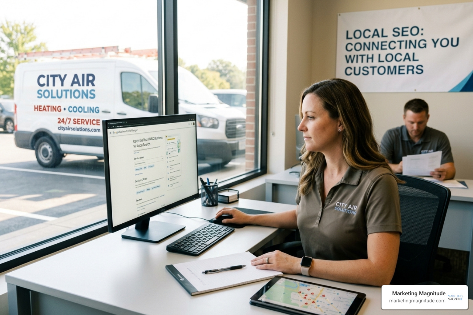 An optimized Google Business Profile for an HVAC company showing photos, reviews, and service lists - local seo hvac An optimized Google Business Profile for an HVAC company showing photos, reviews, and service lists - local seo hvac