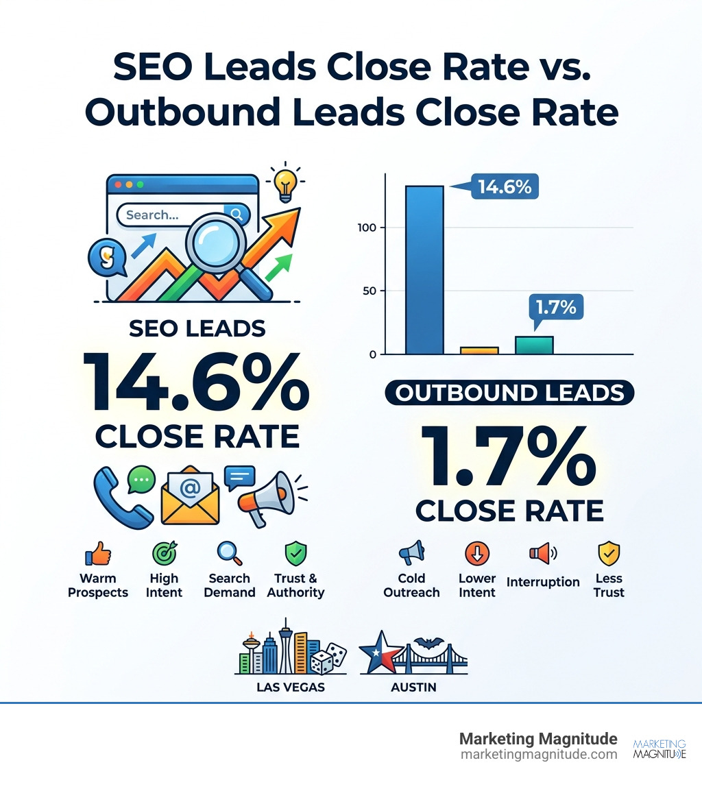infographic showing 14.6% close rate for SEO leads vs 1.7% for outbound - “Why Most SEO Agencies Fail in the First 90 Days infographic showing 14.6% close rate for SEO leads vs 1.7% for outbound - “Why Most SEO Agencies Fail in the First 90 Days