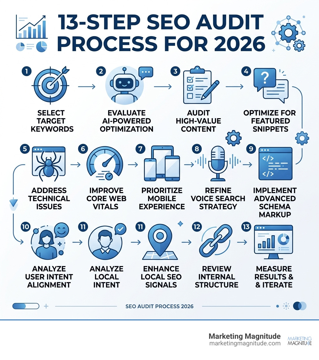 infographic showing the 13-step SEO audit process for 2026 - on page seo optimization services infographic infographic showing the 13-step SEO audit process for 2026 - on page seo optimization services infographic