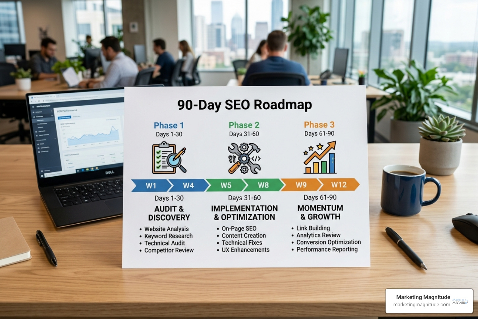 90-day SEO roadmap showing audit, implementation, and momentum phases - “Why Most SEO Agencies Fail in the First 90 Days 90-day SEO roadmap showing audit, implementation, and momentum phases - “Why Most SEO Agencies Fail in the First 90 Days