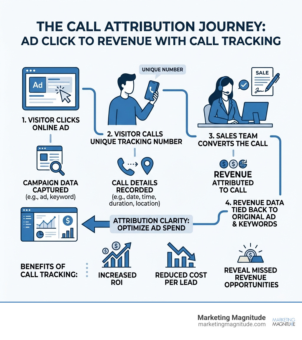 Infographic showing ad click to phone call to revenue attribution journey with call tracking - “Why Call Tracking Alone Can Infographic showing ad click to phone call to revenue attribution journey with call tracking - “Why Call Tracking Alone Can