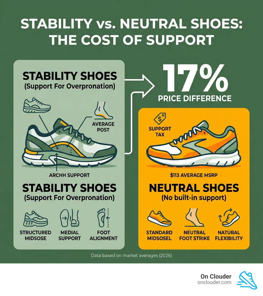 Stat showing 17% price difference between stability and neutral shoes - best shoes for overpronation infographic 