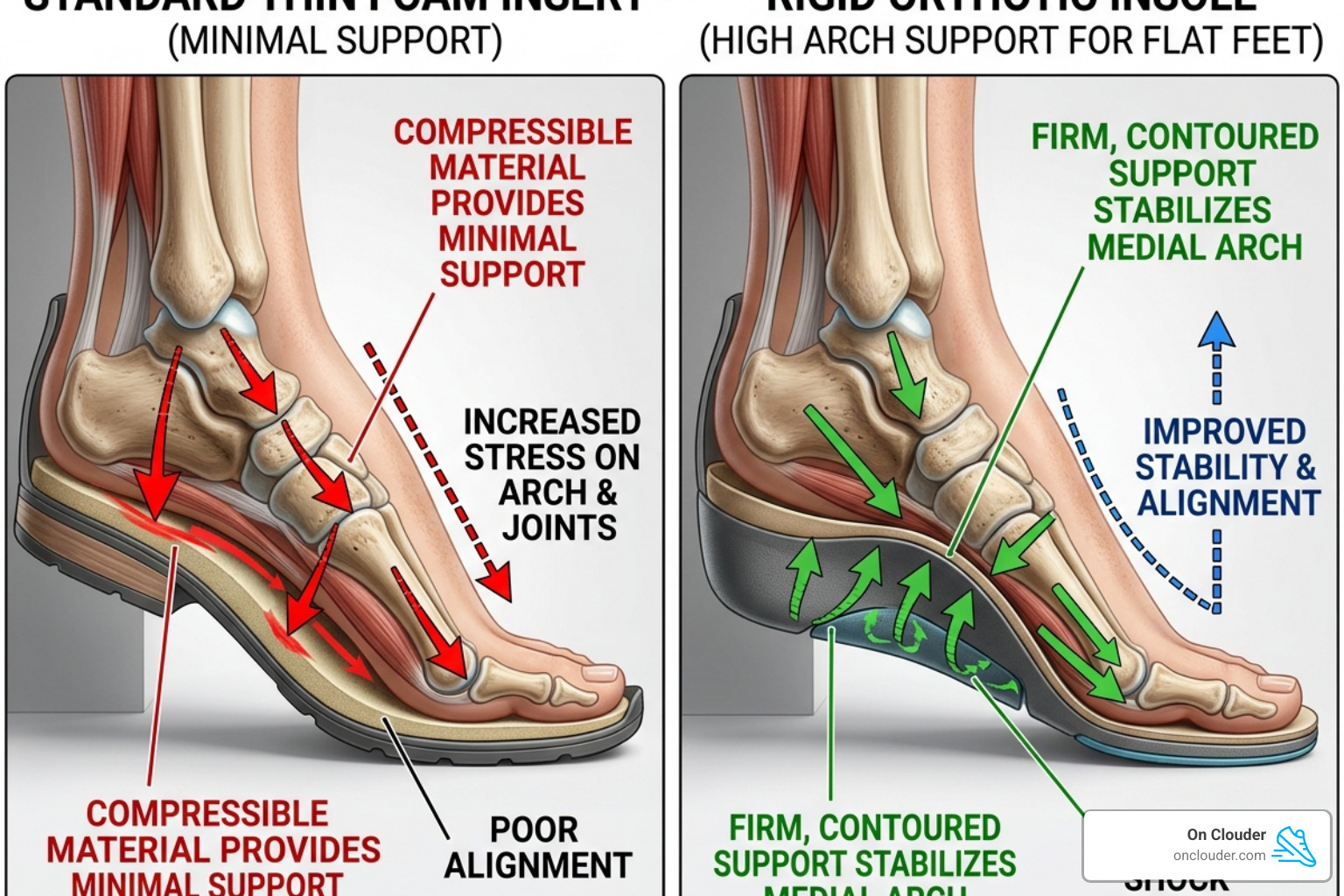 comparison of standard foam inserts vs orthotic support for flat feet - flat feet work shoe insoles