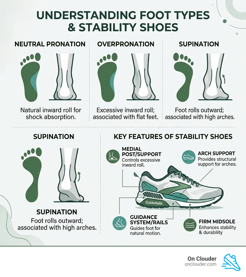 Infographic comparing neutral, overpronation, and supination foot types with key features of stability shoes - best shoes