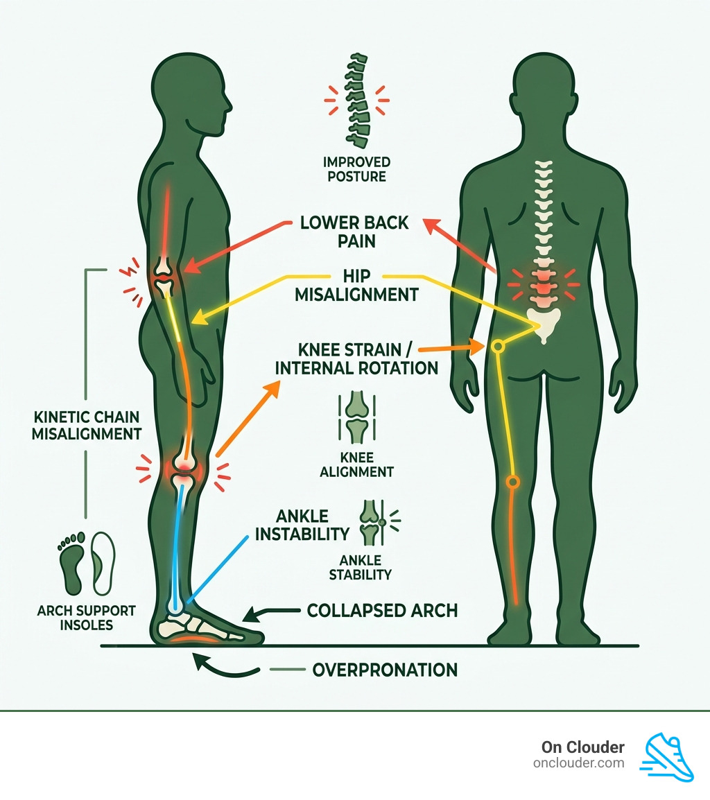 infographic showing flat feet biomechanics and kinetic chain misalignment from arch to lower back - flat feet work shoe