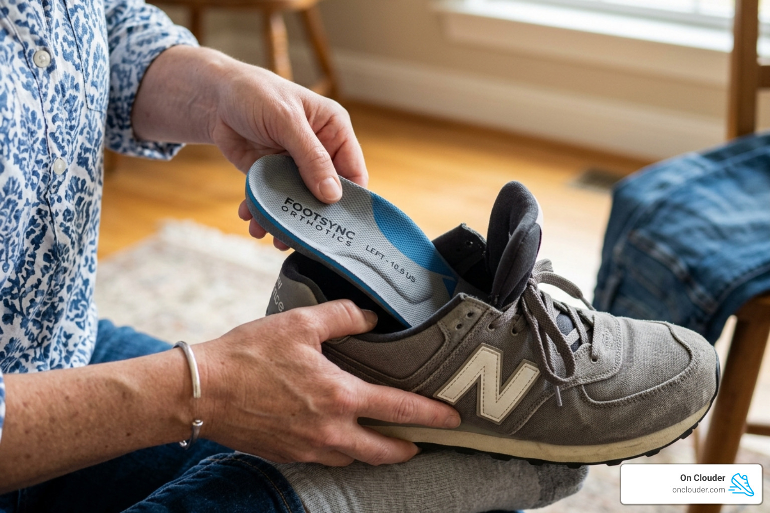 person putting custom orthotic insole into a casual shoe - best casual shoes for standing all day