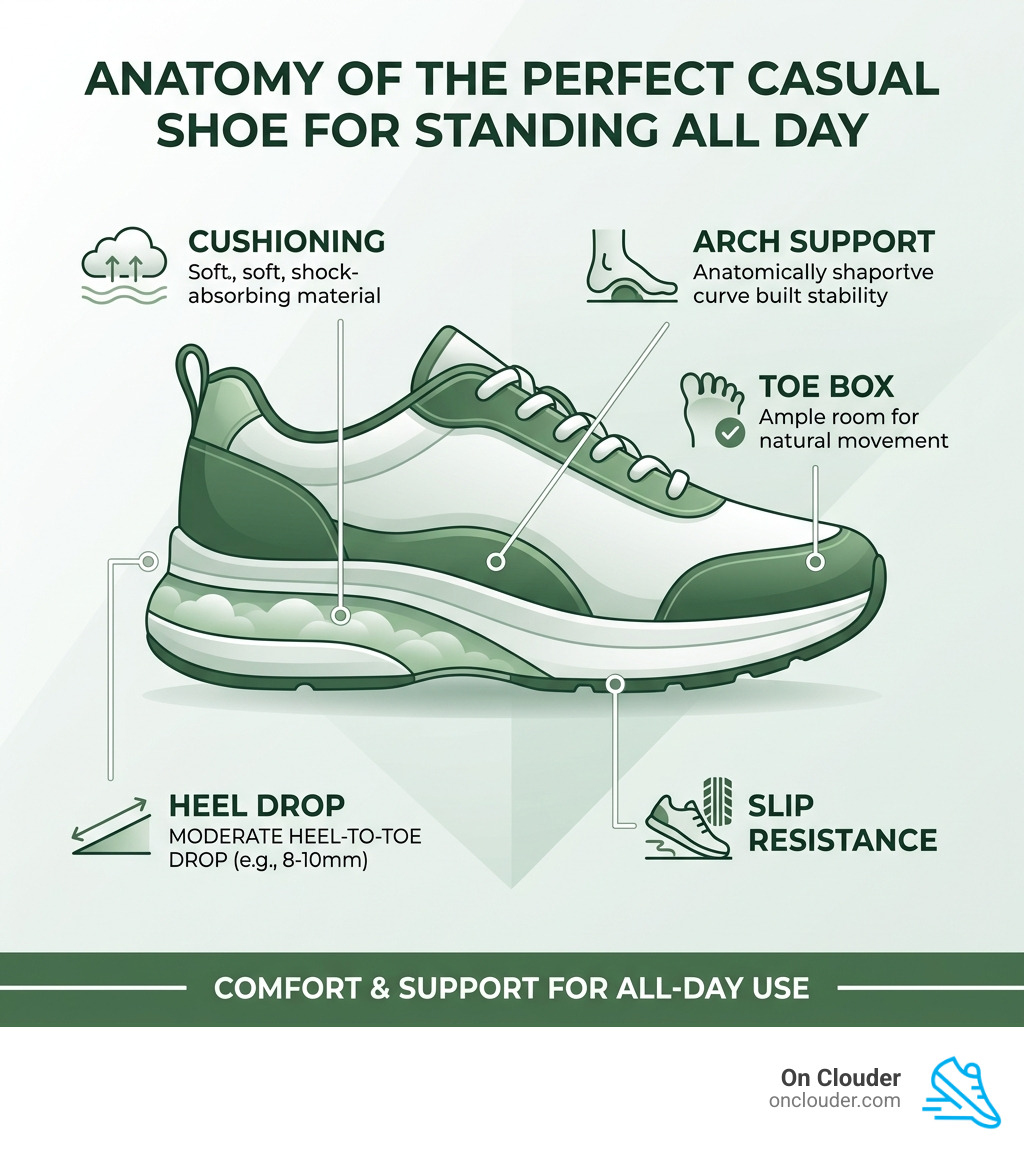 infographic showing anatomy of the perfect casual shoe for standing all day with labels for cushioning, arch support, toe