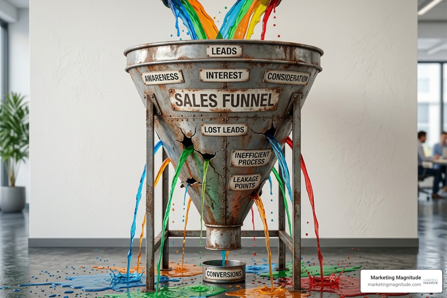 a leaky funnel showing leads escaping through gaps in the process - “The Real Reason Your Marketing Isn’t Working (It’s Not a leaky funnel showing leads escaping through gaps in the process - “The Real Reason Your Marketing Isn’t Working (It’s Not