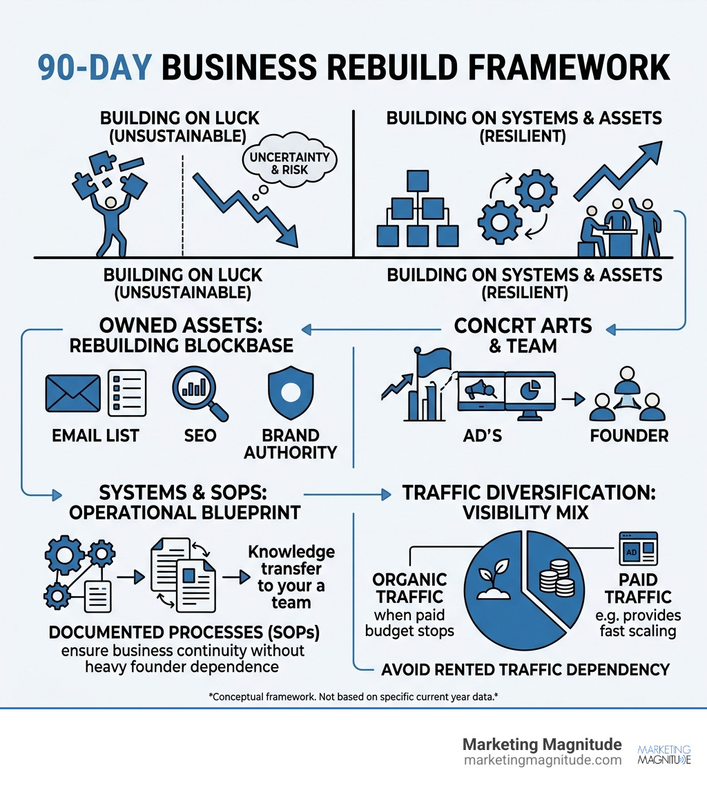 90-day business rebuild framework showing owned assets, systems, and traffic diversification - “If Your Business Disappeared 90-day business rebuild framework showing owned assets, systems, and traffic diversification - “If Your Business Disappeared