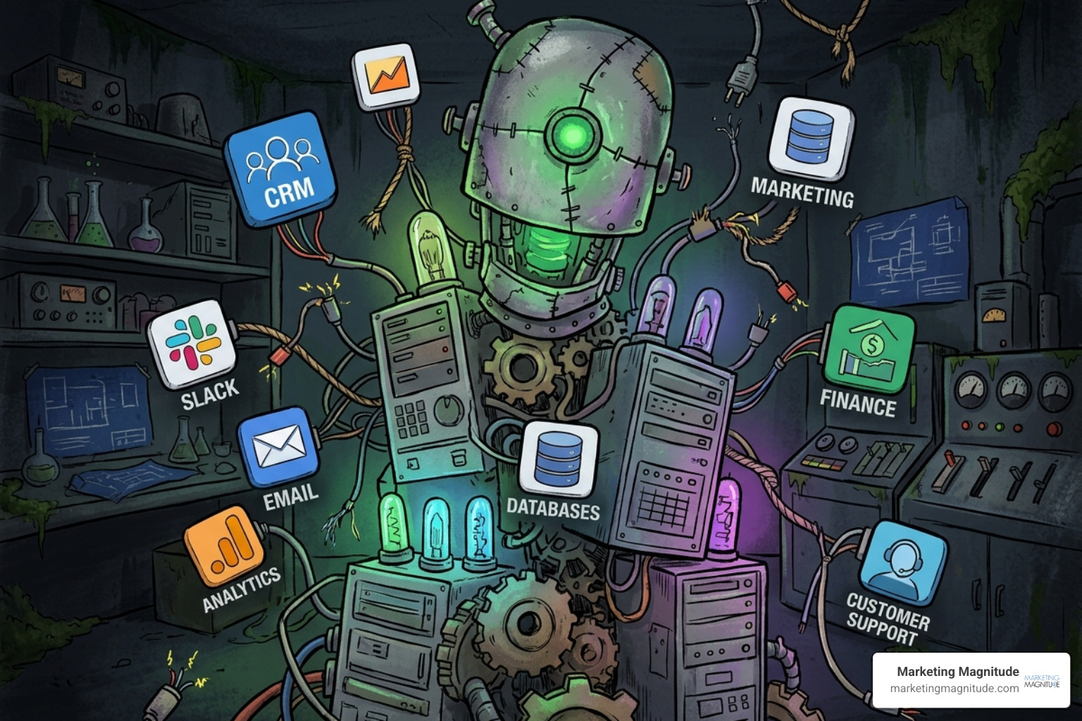 A Digital Frankenstein software stack with disconnected icons and broken wires - “Why Most Businesses Are Using 10+ Tools… A Digital Frankenstein software stack with disconnected icons and broken wires - “Why Most Businesses Are Using 10+ Tools…