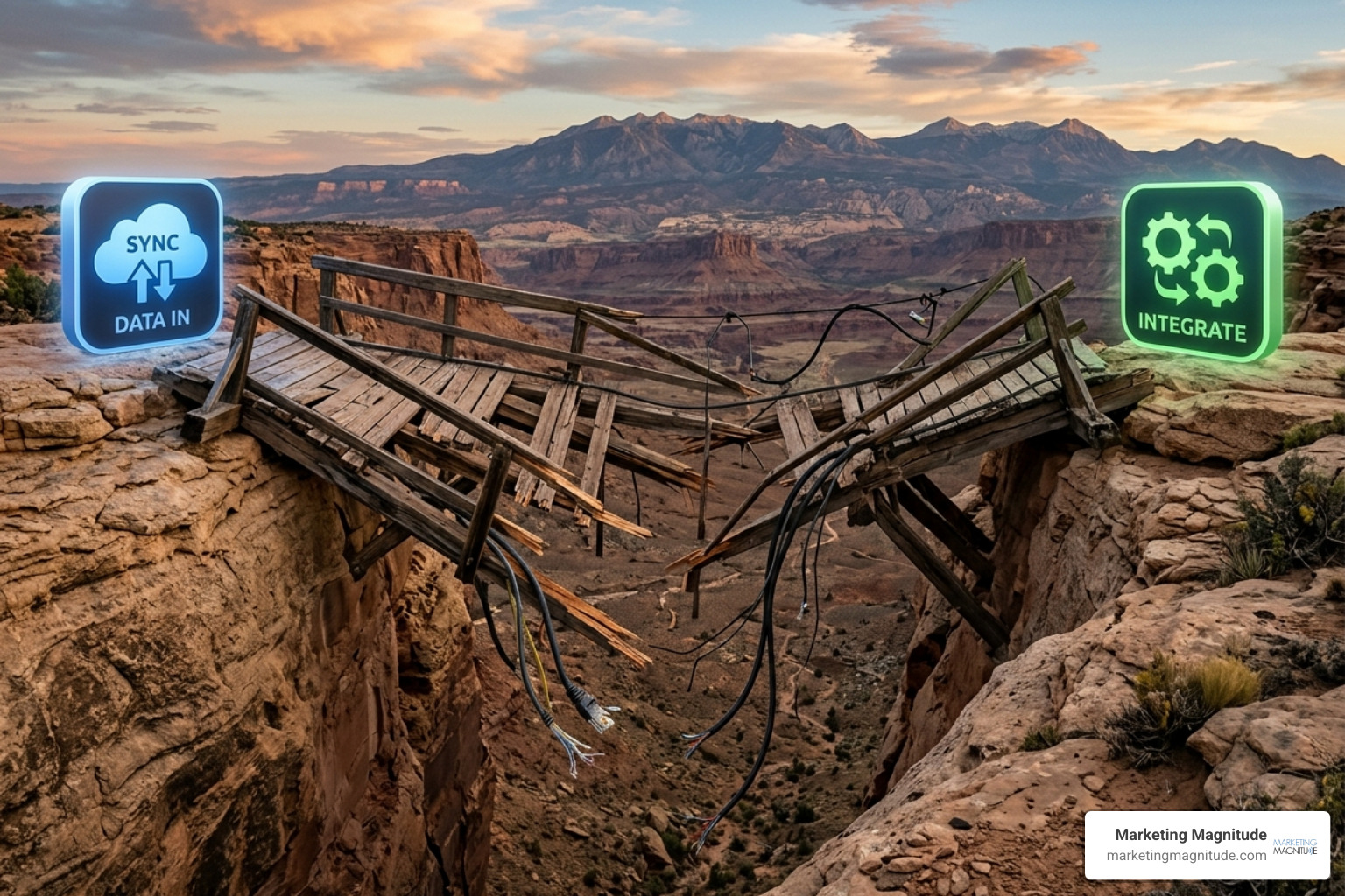 A broken data bridge between two apps representing a failed integration - “Why Most Businesses Are Using 10+ Tools… And A broken data bridge between two apps representing a failed integration - “Why Most Businesses Are Using 10+ Tools… And