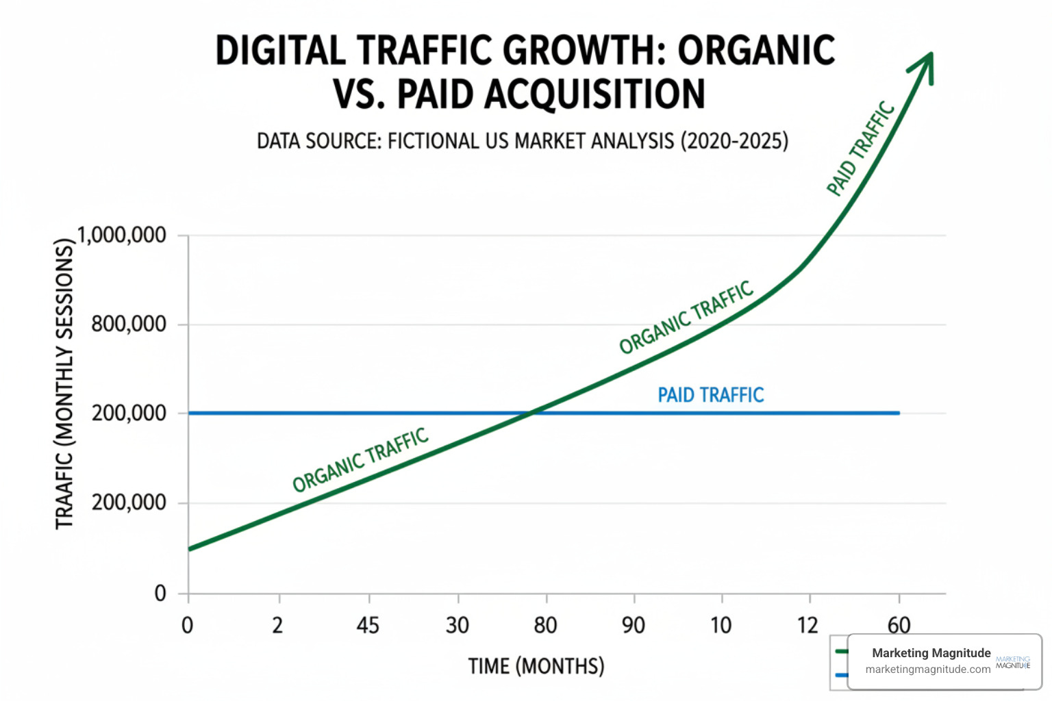 Growth chart showing organic traffic compounding over time compared to paid traffic - search engine optimization services seo Growth chart showing organic traffic compounding over time compared to paid traffic - search engine optimization services seo