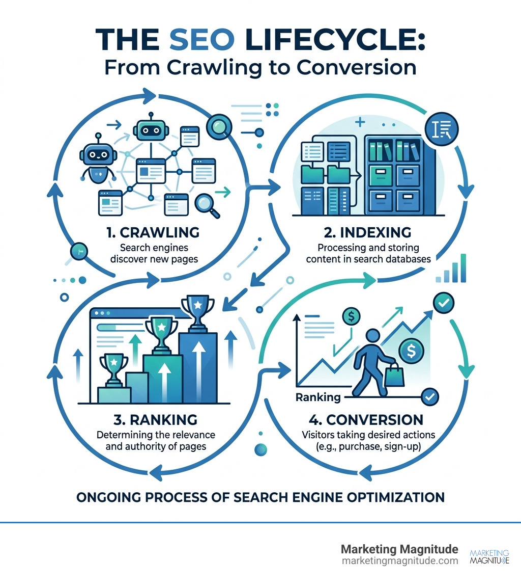 SEO lifecycle infographic from crawling and indexing to ranking and conversion - search engine optimization services seo SEO lifecycle infographic from crawling and indexing to ranking and conversion - search engine optimization services seo