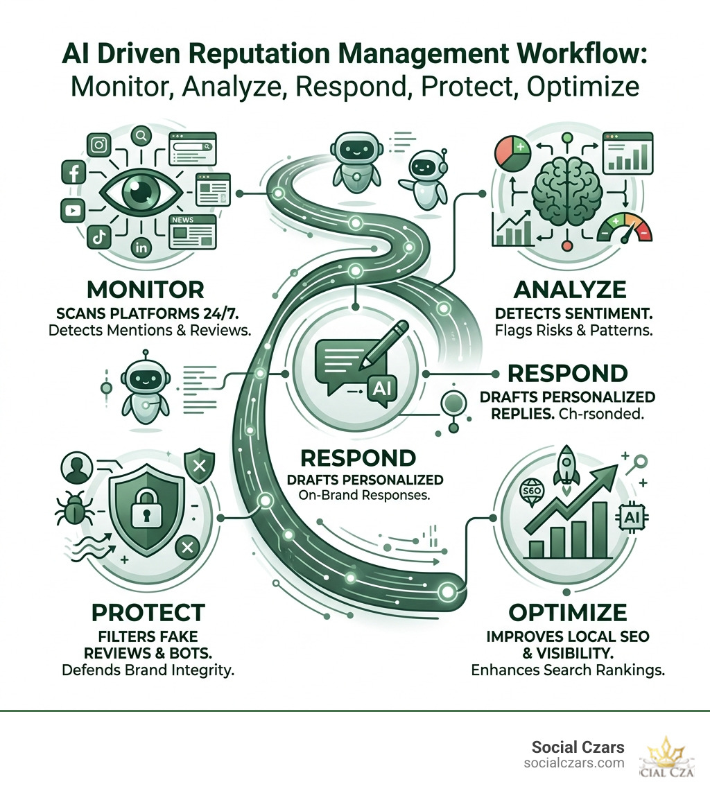 AI reputation management workflow: monitor, analyze, respond, protect, optimize - AI driven reputation management