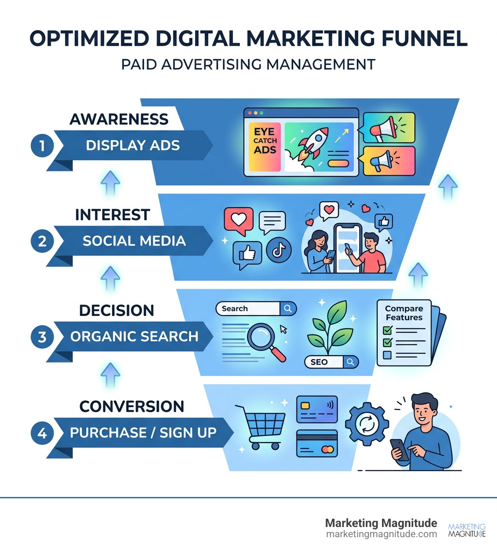 Digital advertising funnel from awareness to conversion with paid media touchpoints - paid advertising management Digital advertising funnel from awareness to conversion with paid media touchpoints - paid advertising management