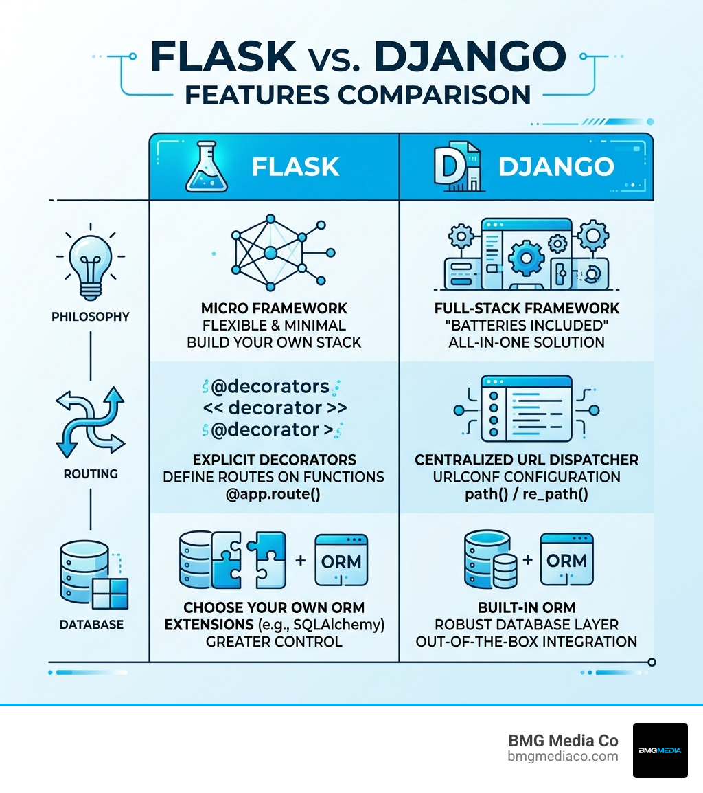 Comparison of Flask and Django features table - build web app with flask infographic 