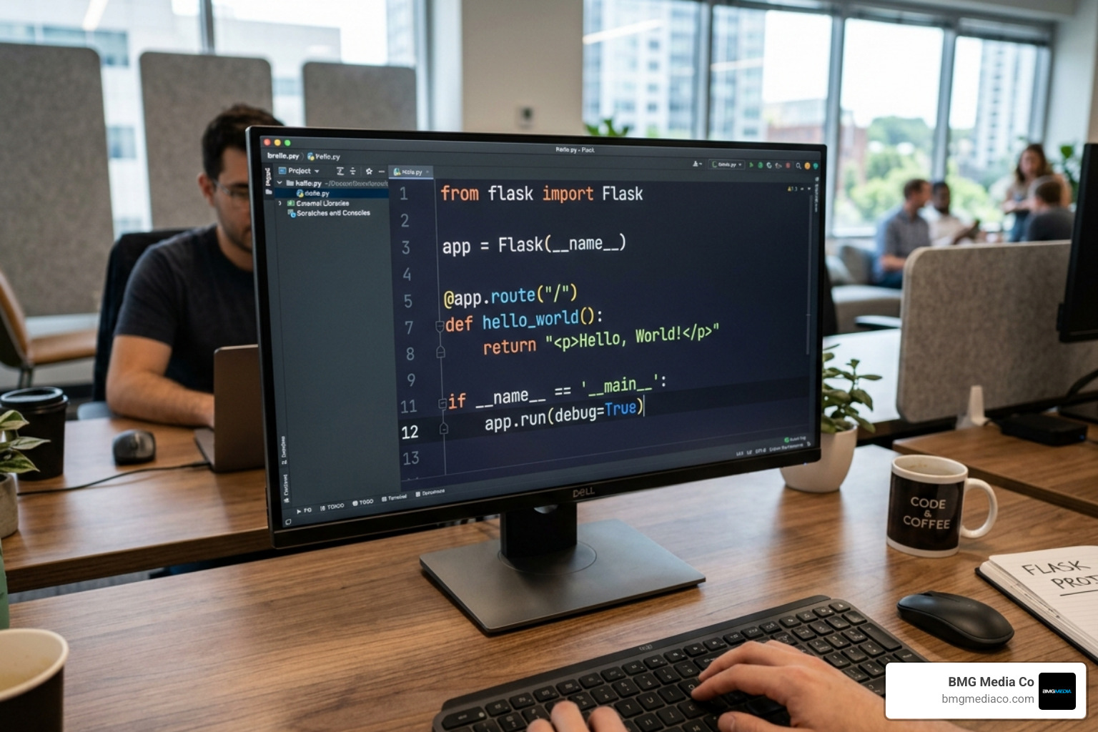 A basic Flask application script showing imports, app instance, and a simple route - build web app with flask