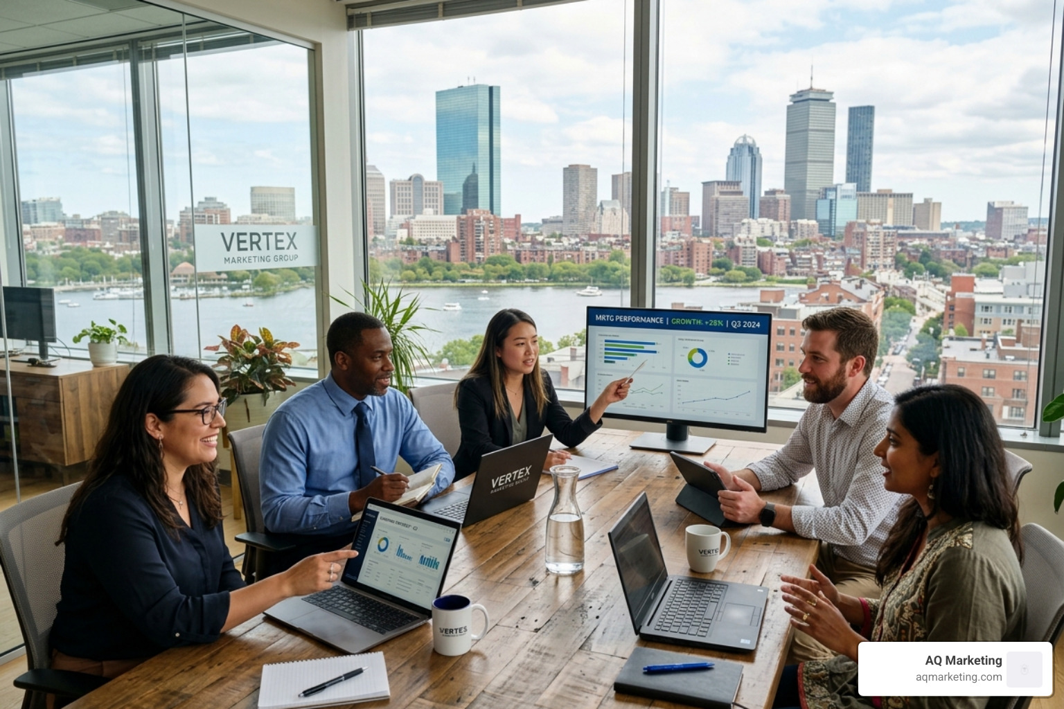 A diverse team collaborating in a modern office setting, reflecting the professional environment at AQ Marketing - What is