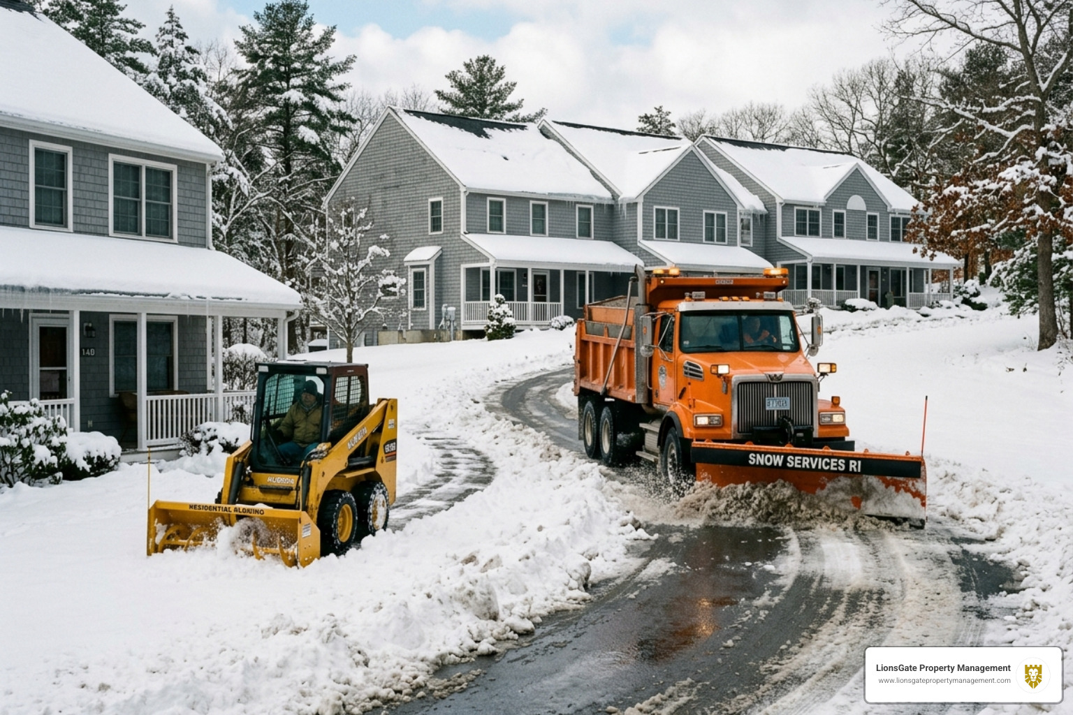Snow removal equipment clearing a multi-unit driveway in Rhode Island - property management in rhode island Snow removal equipment clearing a multi-unit driveway in Rhode Island - property management in rhode island