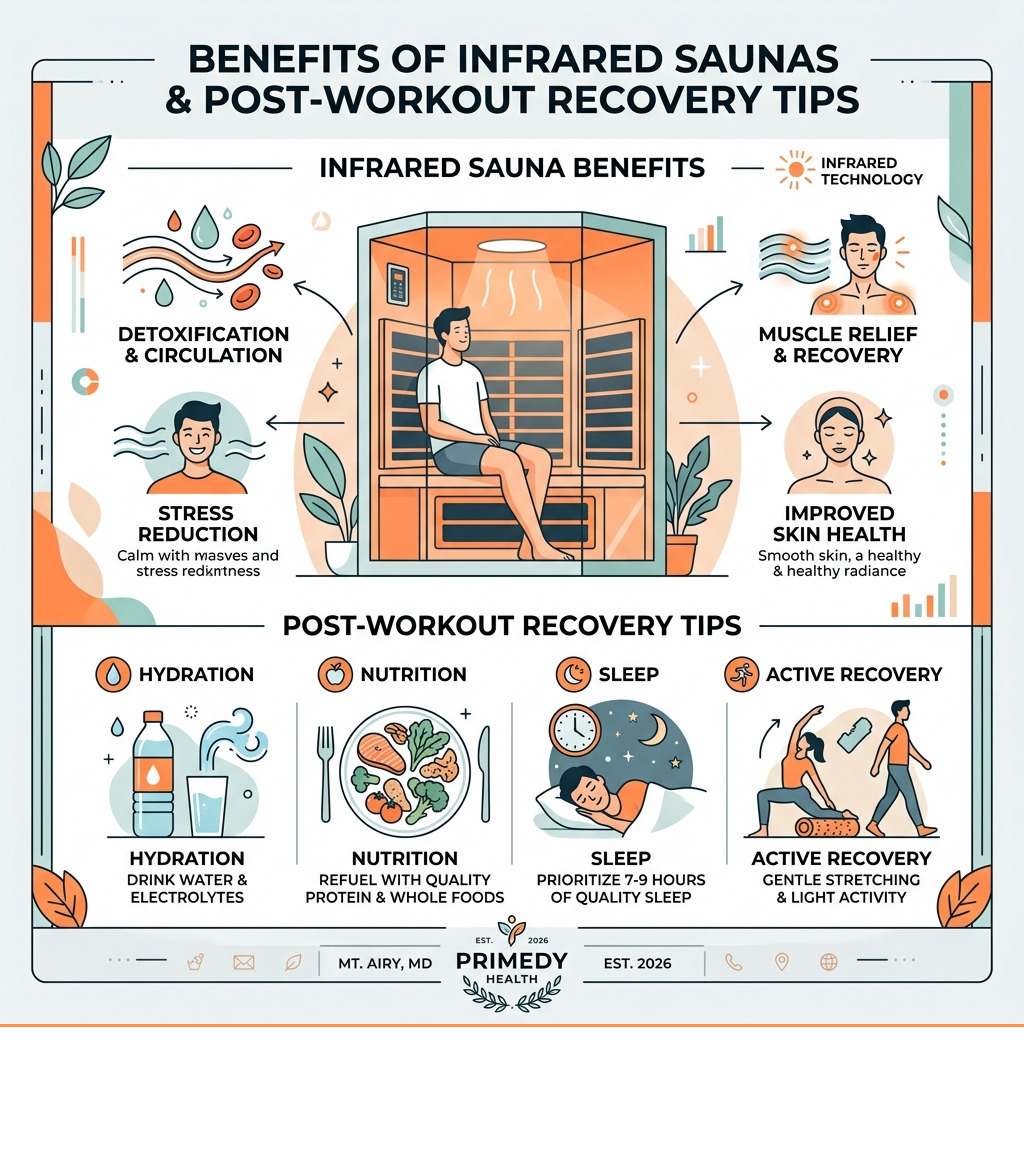 Infographic showing the benefits of infrared saunas and post-workout recovery tips - gym in mount airy md infographic Infographic showing the benefits of infrared saunas and post-workout recovery tips - gym in mount airy md infographic