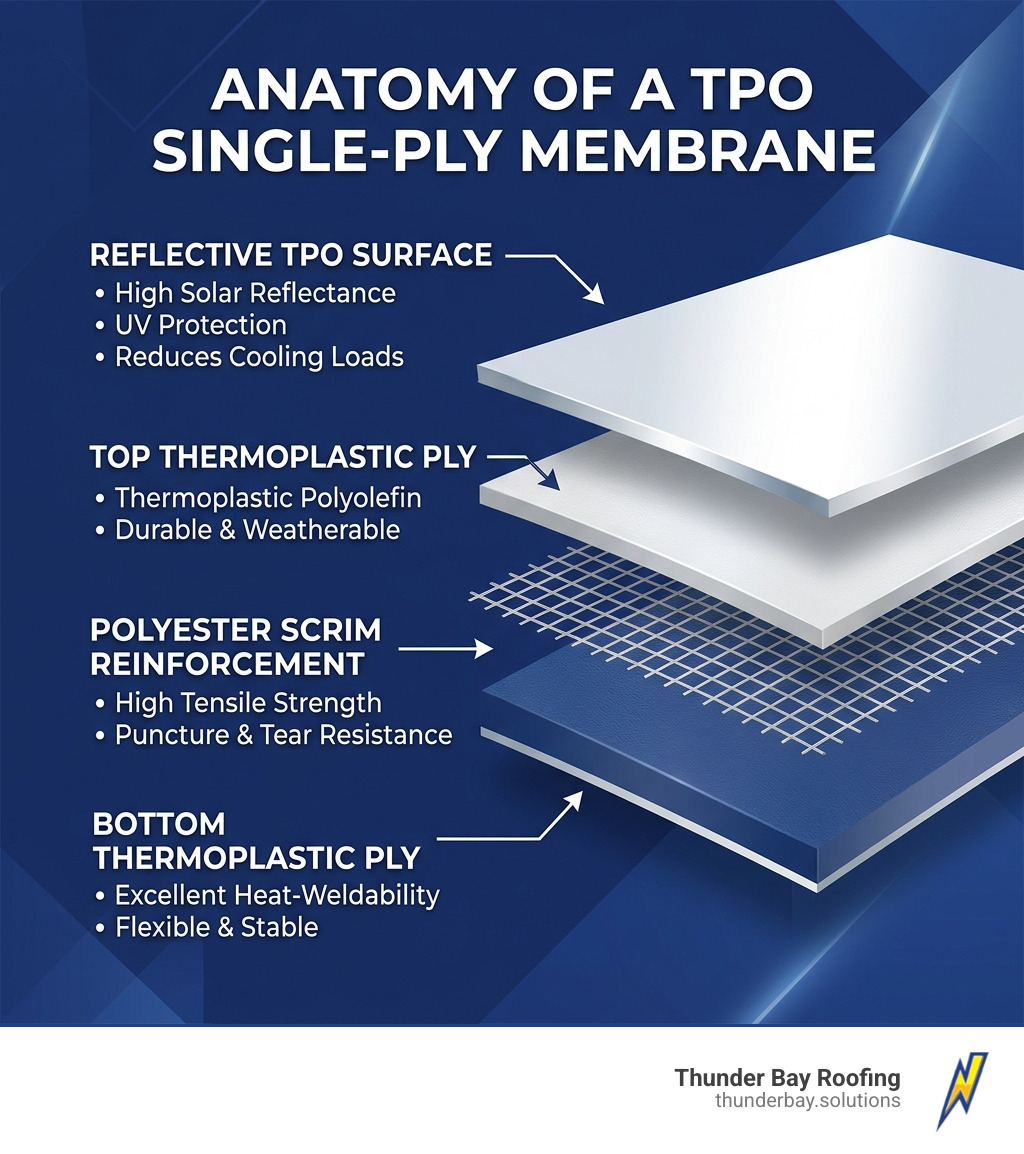 Infographic showing layers of a TPO membrane system including polyester scrim, thermoplastic plies, and reflective surface Infographic showing layers of a TPO membrane system including polyester scrim, thermoplastic plies, and reflective surface