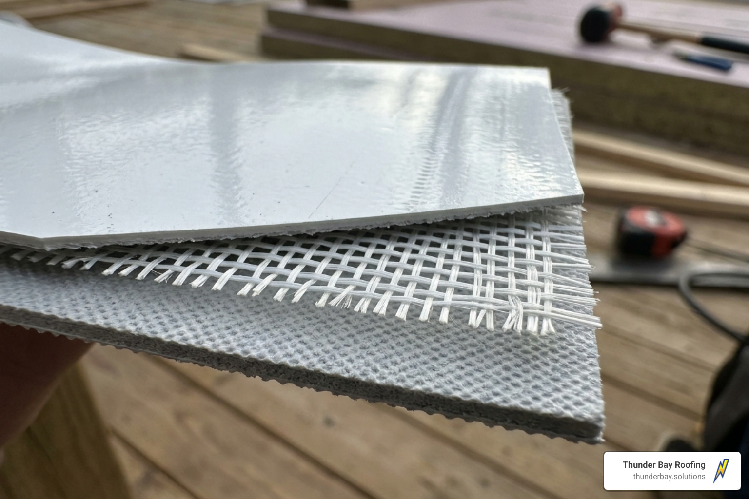 Cross-section of a reinforced TPO membrane showing the inner scrim - tpo single ply roofing membrane Cross-section of a reinforced TPO membrane showing the inner scrim - tpo single ply roofing membrane