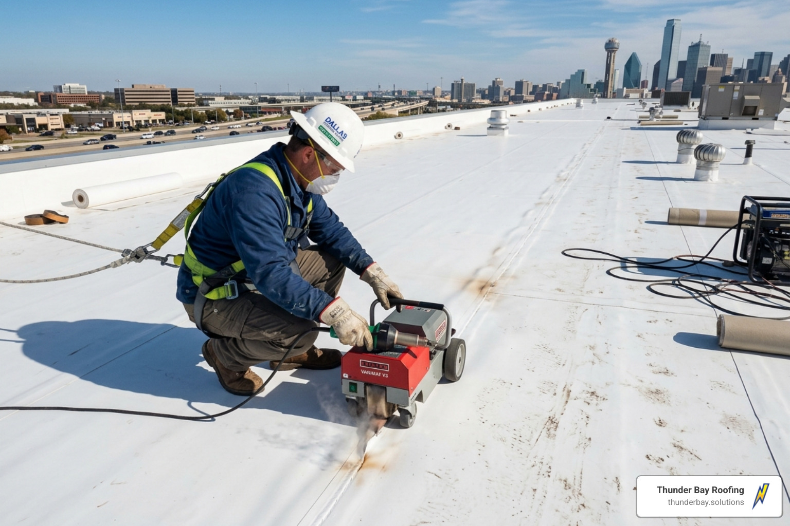 Contractor using a robotic heat welder on a TPO seam - tpo single ply roofing membrane Contractor using a robotic heat welder on a TPO seam - tpo single ply roofing membrane