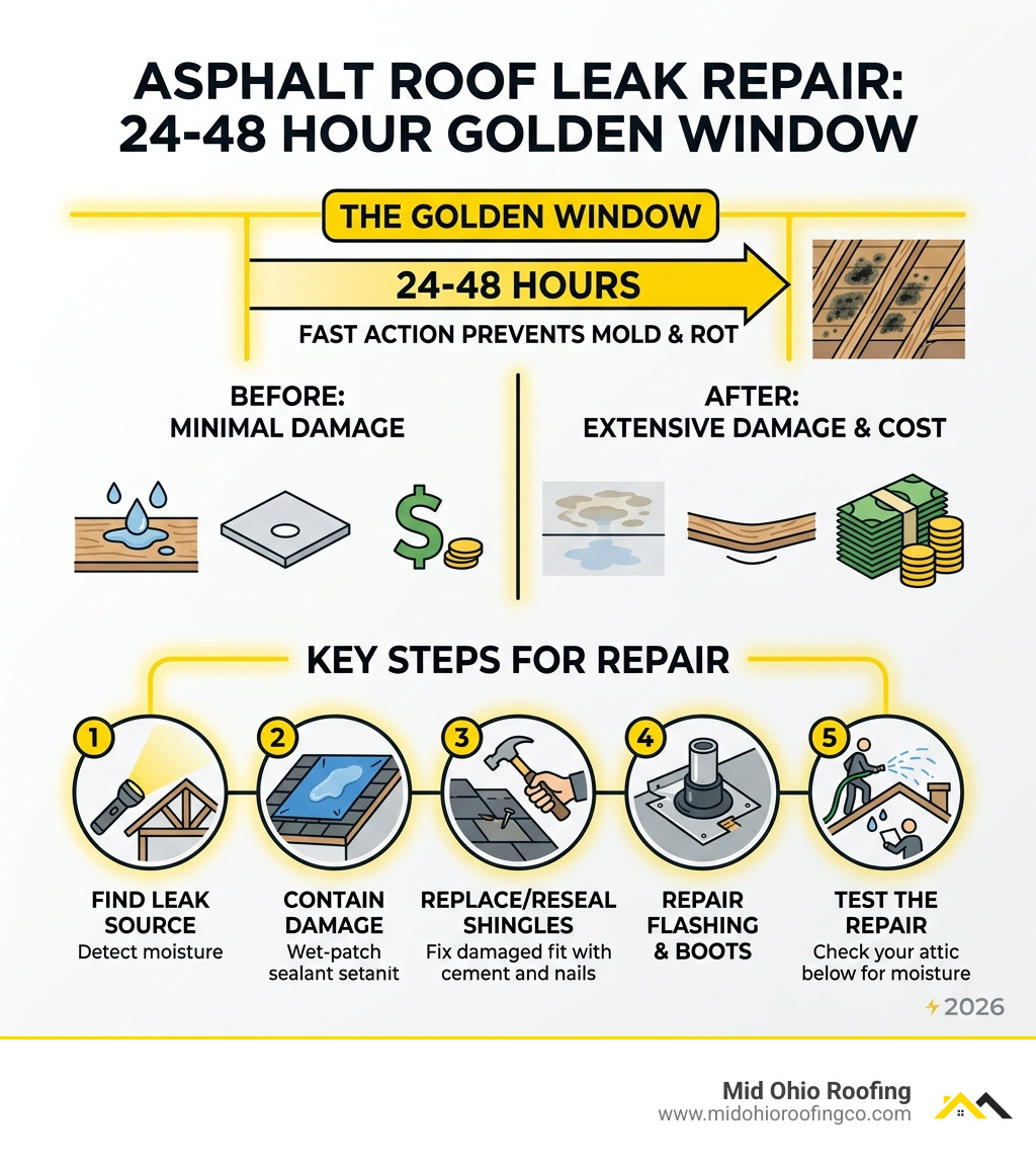 Infographic showing the 24-48 hour golden window for asphalt roof leak repair and key steps - Asphalt roof leak repair Infographic showing the 24-48 hour golden window for asphalt roof leak repair and key steps - Asphalt roof leak repair