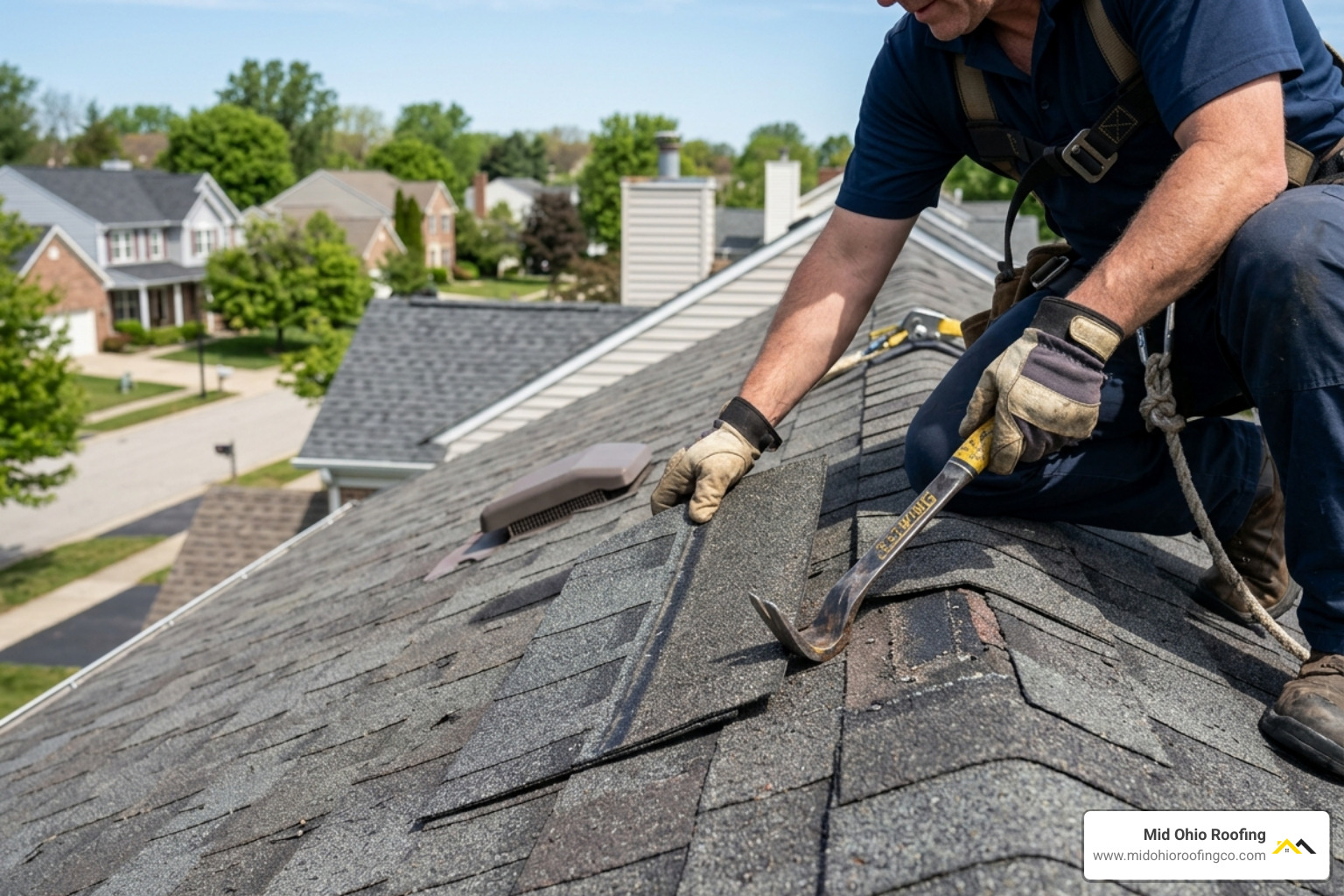 A new asphalt shingle being slid into place during a repair - Asphalt roof leak repair A new asphalt shingle being slid into place during a repair - Asphalt roof leak repair