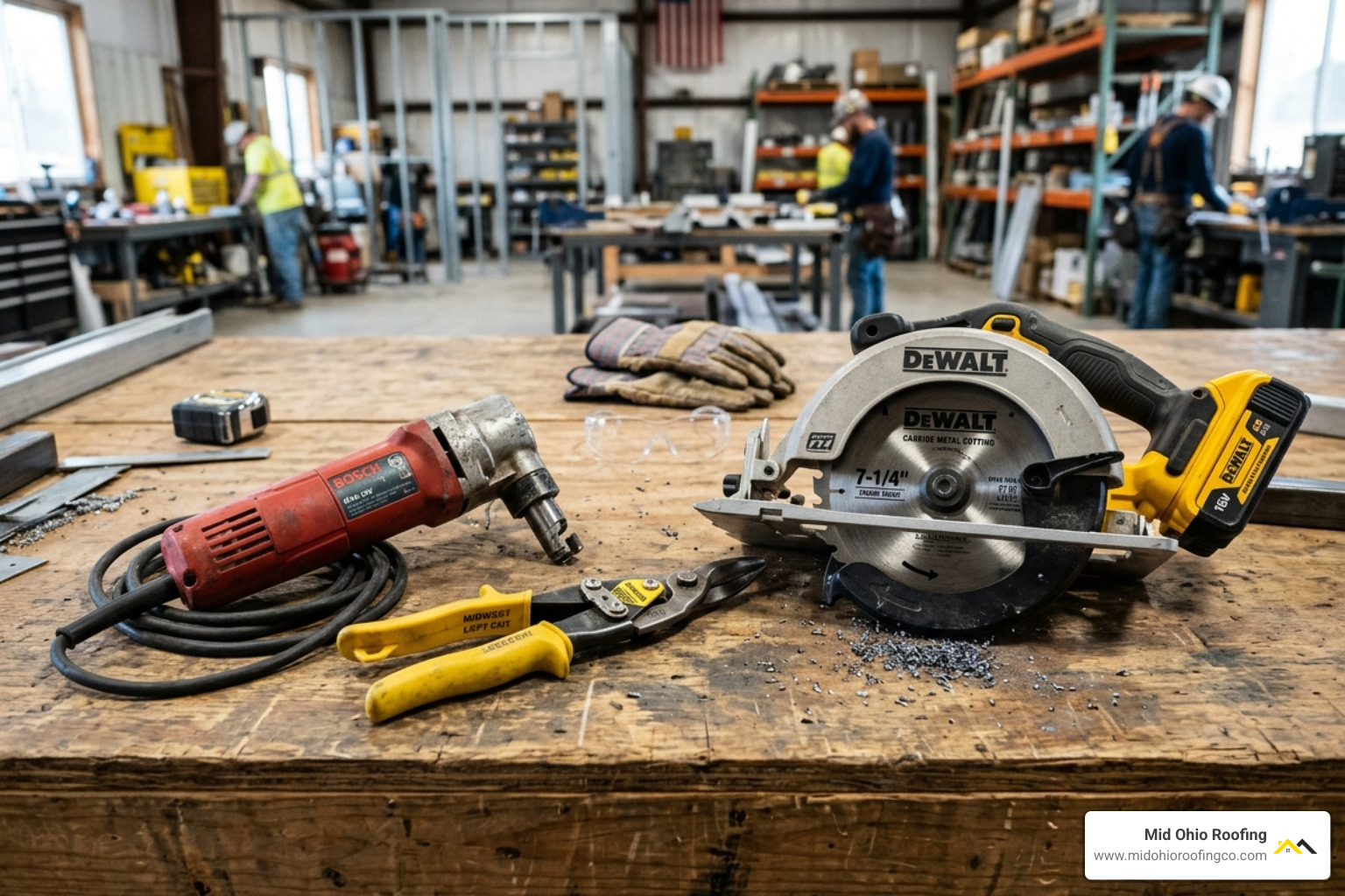 tool kit with aviation snips, nibblers, and a circular saw - cutting metal roofing tool kit with aviation snips, nibblers, and a circular saw - cutting metal roofing