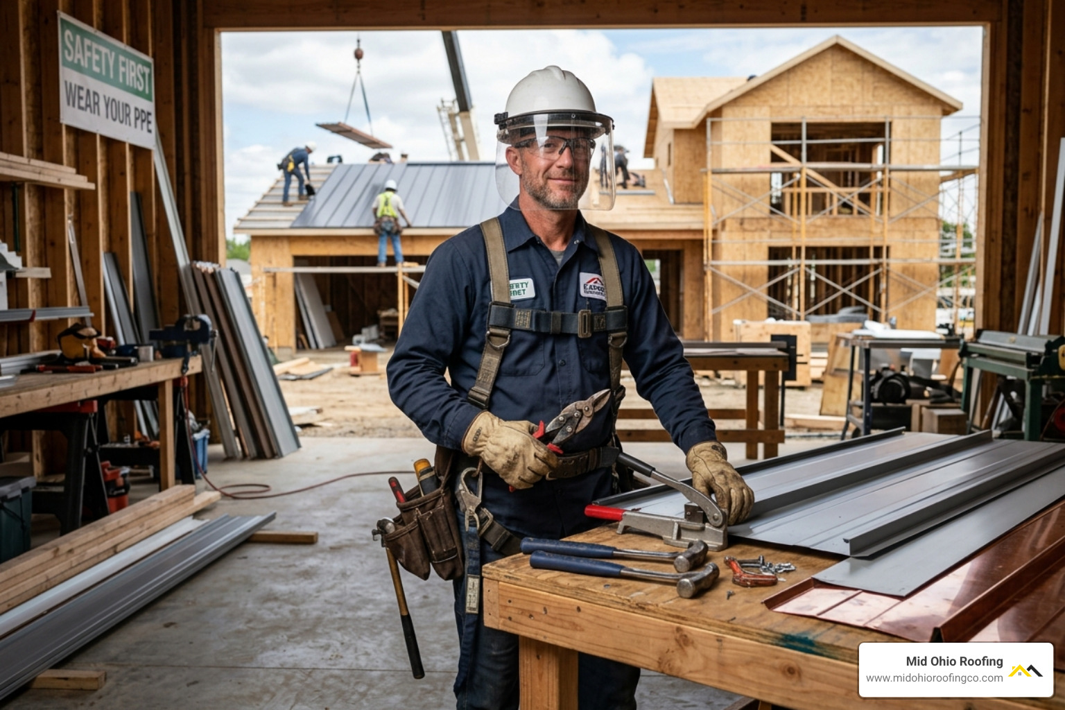 installer in full PPE with face shield and gloves - cutting metal roofing installer in full PPE with face shield and gloves - cutting metal roofing