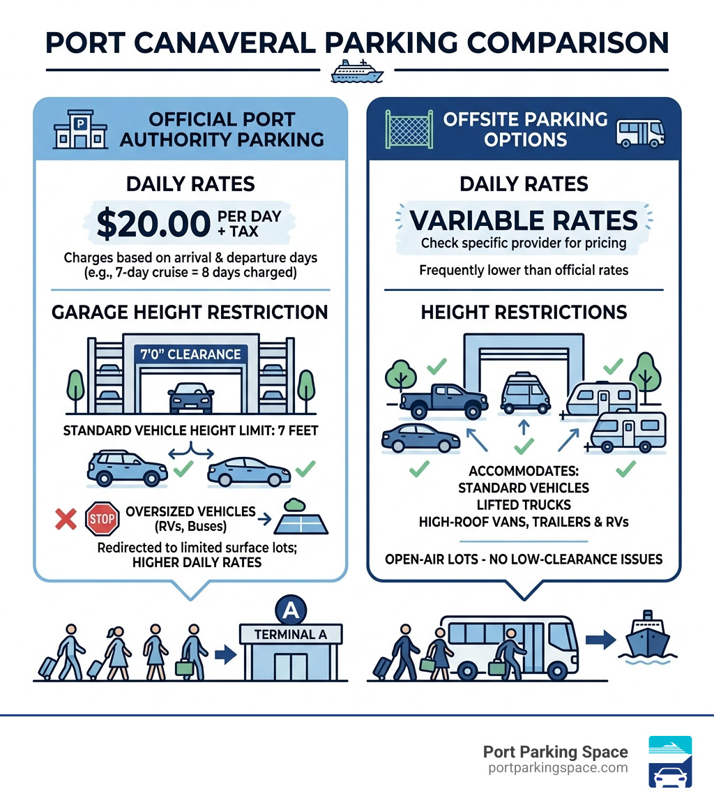 Comparison of parking rates and height restrictions at Port Canaveral - carnival cruise parking infographic 