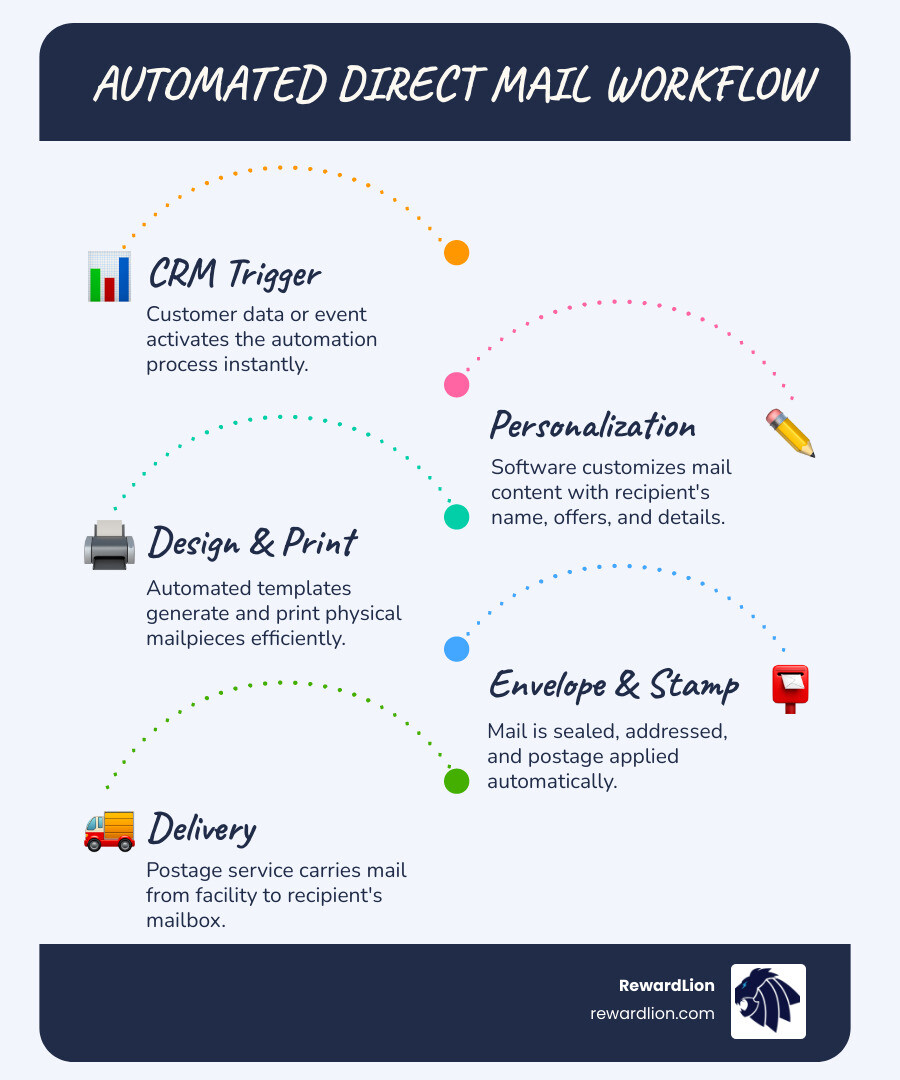 Automated direct mail workflow from CRM trigger to mailbox delivery infographic - direct mail automation software