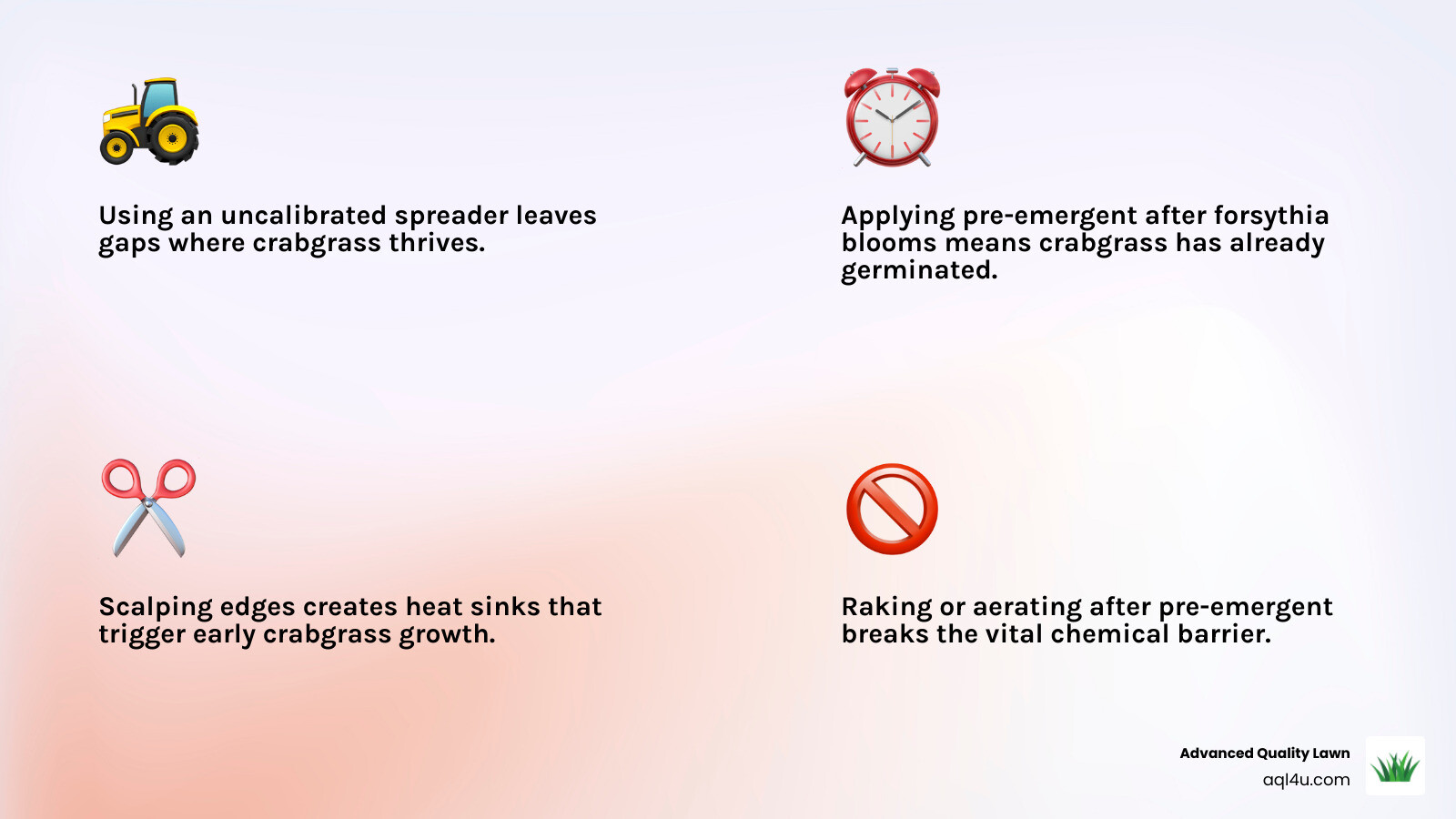 Infographic listing common application errors like wrong timing, poor coverage, and lack of watering - crabgrass control for