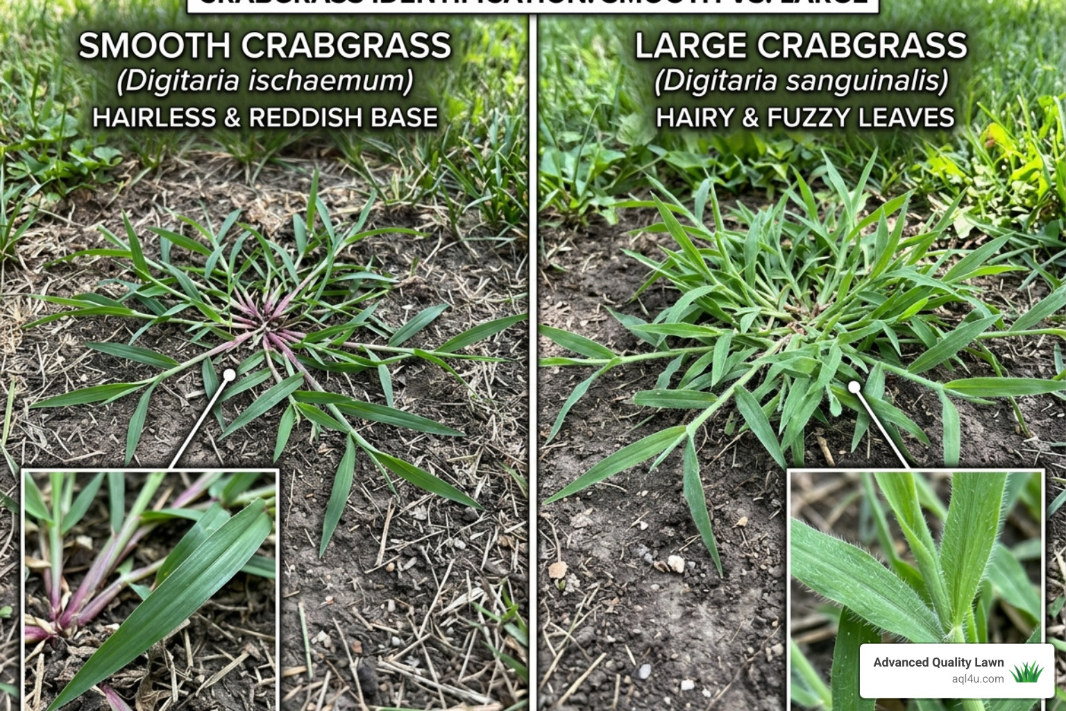 Smooth crabgrass vs large crabgrass side by side comparison - crabgrass control for lawns