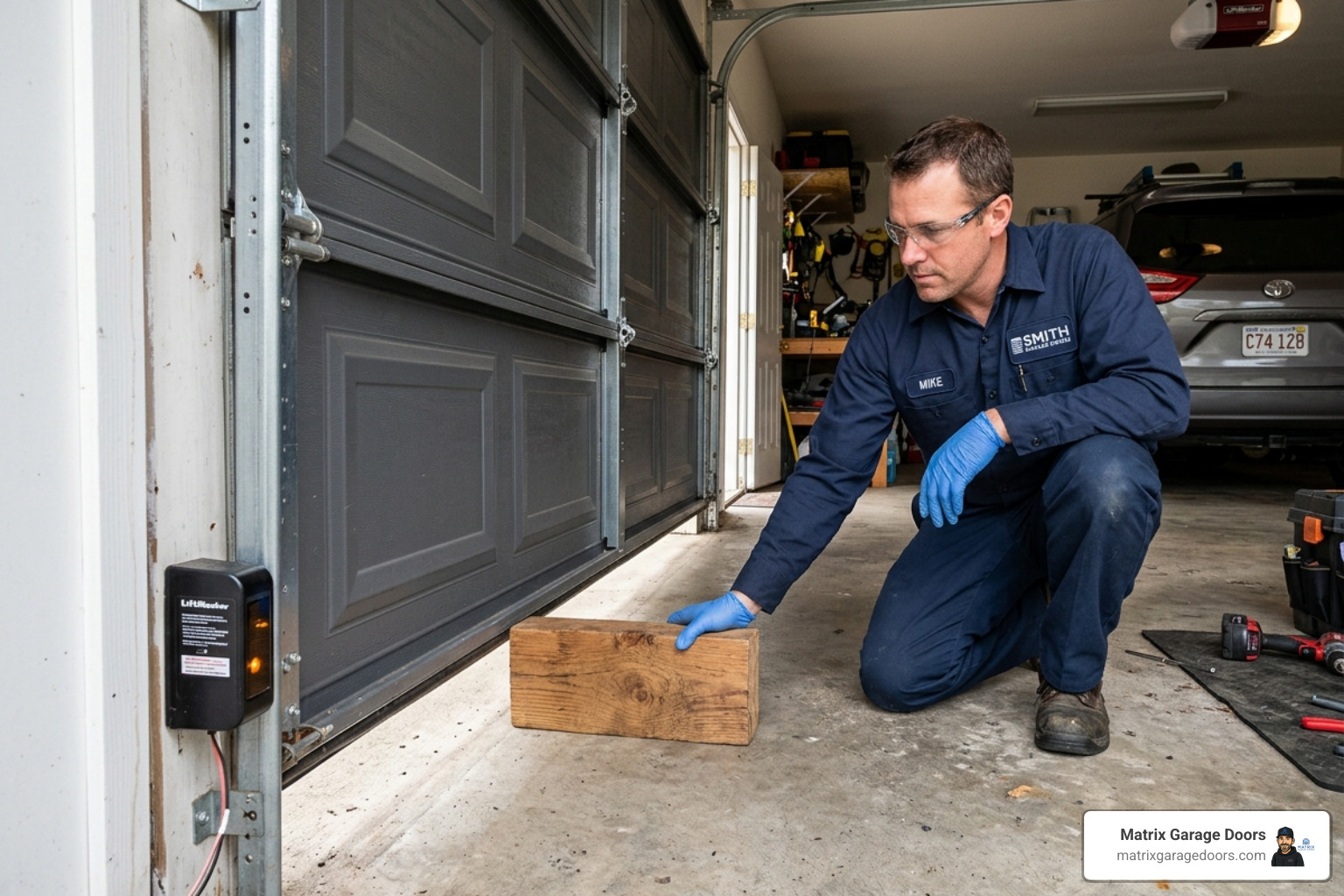 Testing a garage door safety sensor with a block of wood - benefits of preventative maintenance garage doors
