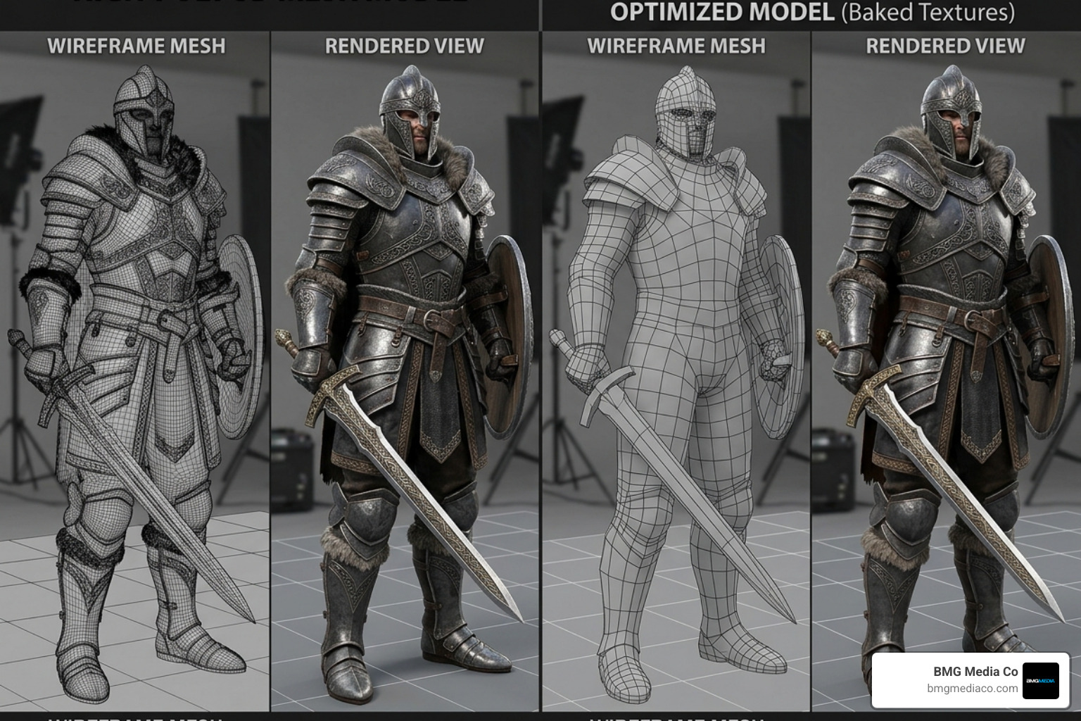 3D mesh optimization showing a high-poly original vs. a low-poly web-ready version with baked textures - 3d rendering for