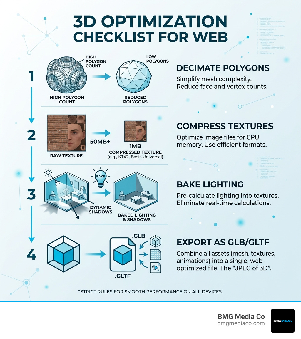 Infographic detailing the 3D optimization checklist: decimate polygons, compress textures, bake lighting, export as GLB - 3d