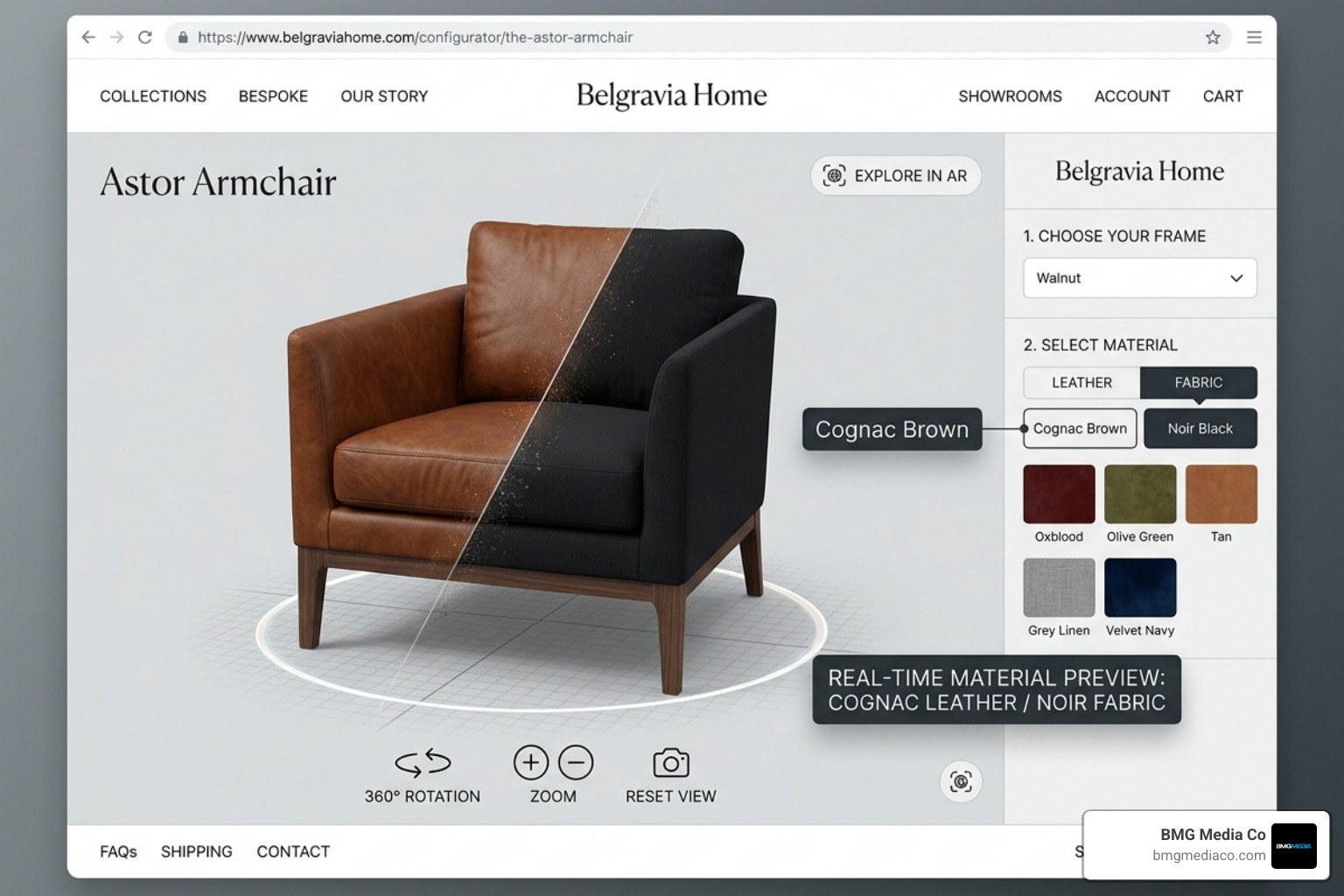 Interactive product configurator showing real-time material changes and 360-degree rotation - 3d rendering for websites