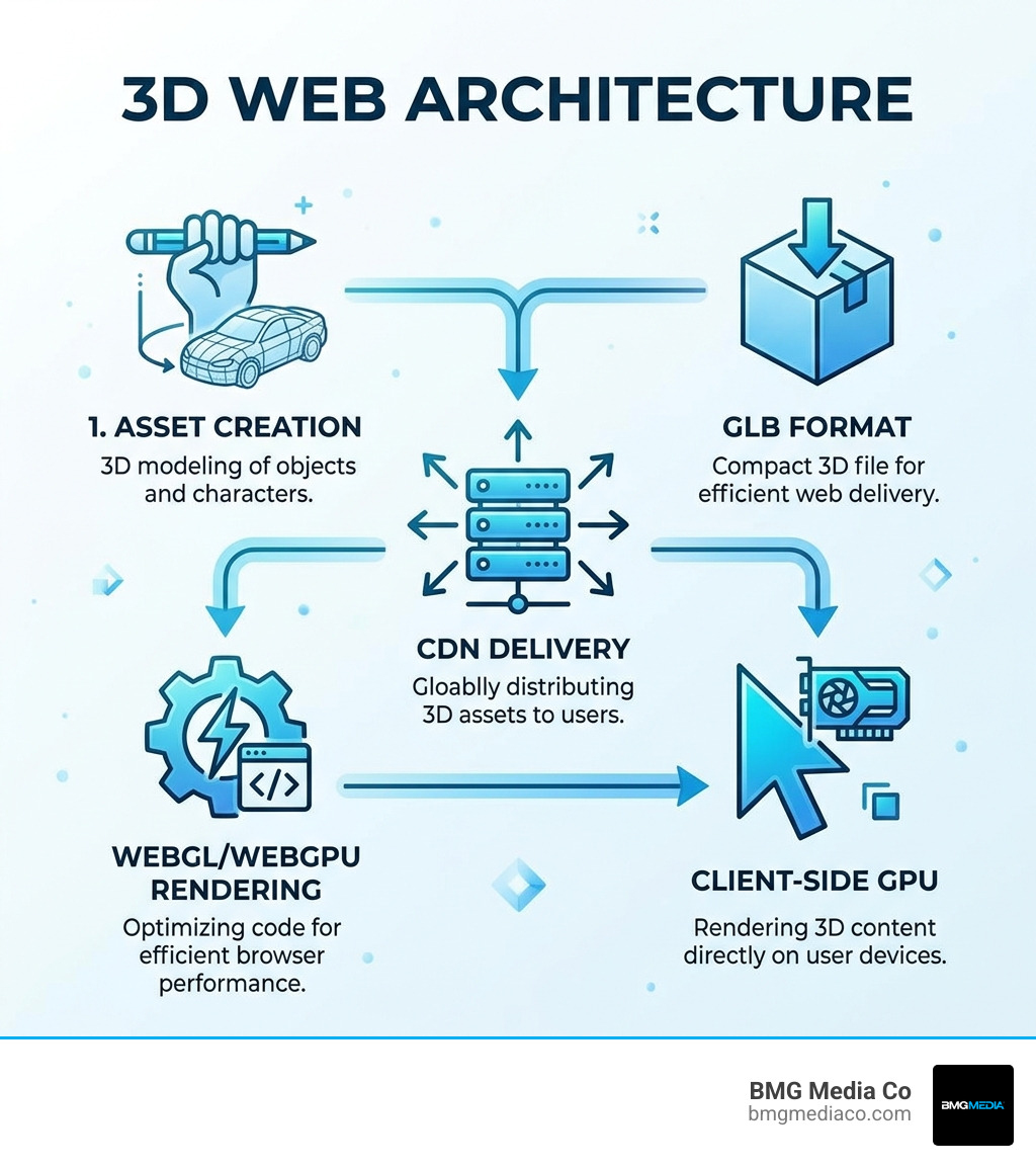 Infographic showing 3D web architecture: asset creation, GLB format, WebGL/WebGPU rendering, CDN delivery, client-side GPU