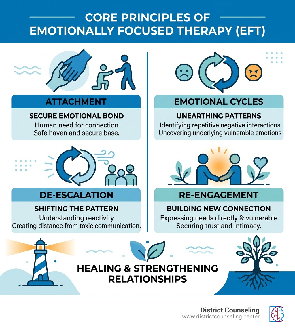 Infographic explaining the core principles of EFT: attachment, emotional cycles, de-escalation, re-engagement - Which