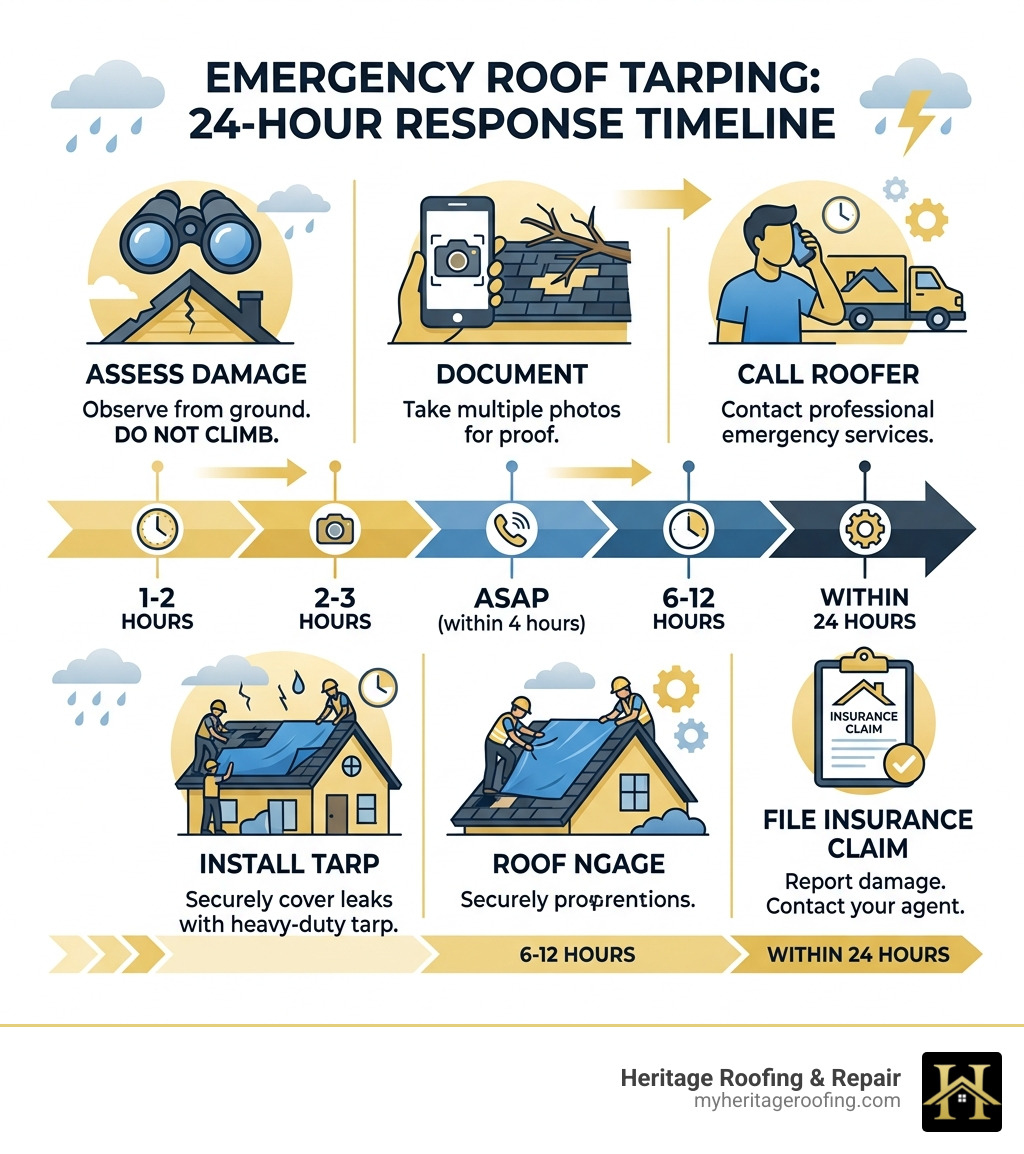 Emergency roof tarping 24-hour response timeline infographic with steps: assess damage, document, call roofer, install tarp