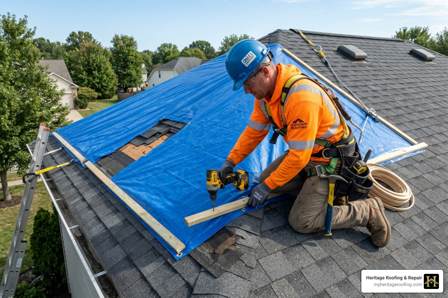 Professional roofer securing a tarp with wood strips and screws - Emergency roof tarping