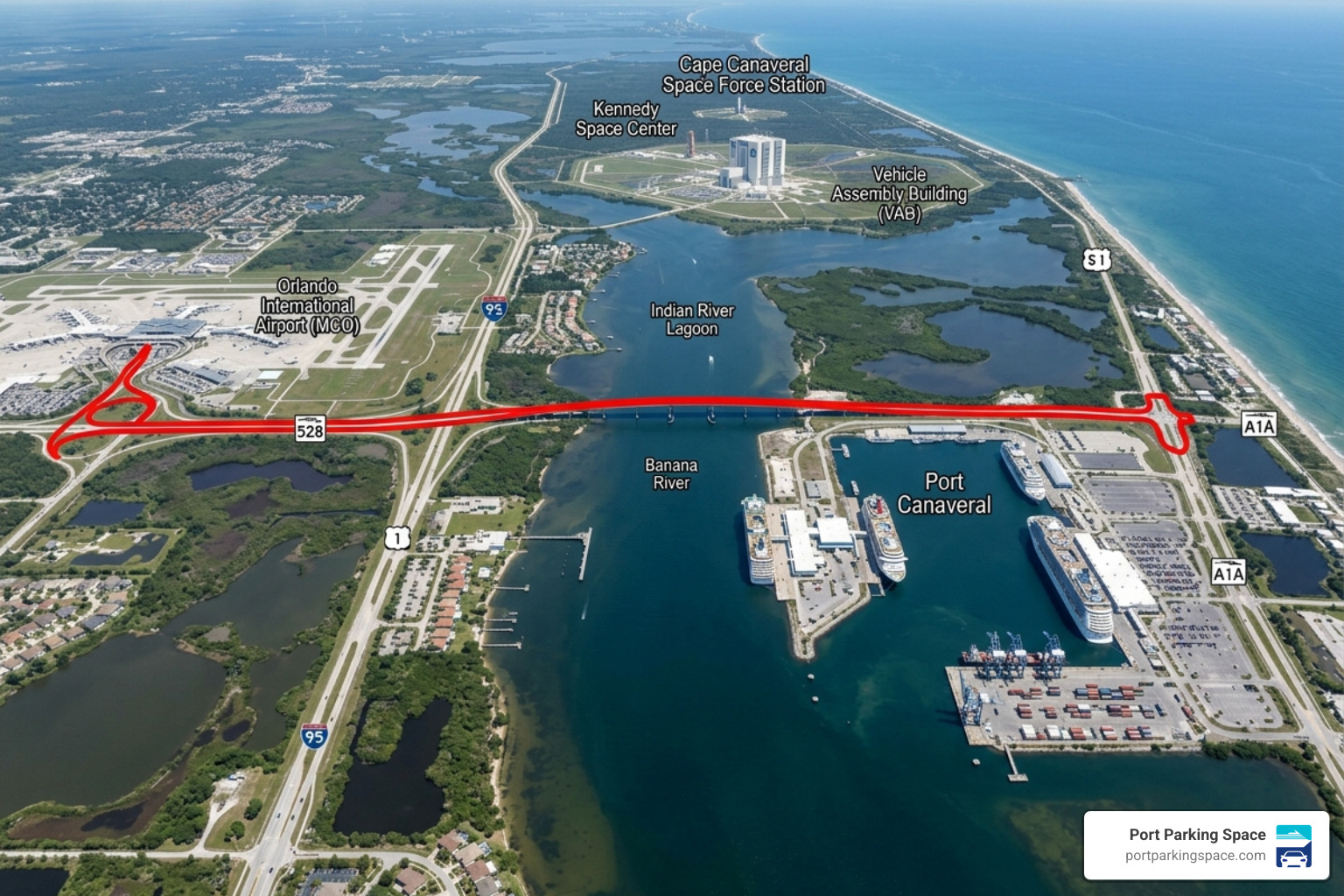 map highlighting the Beachline Expressway SR-528 and Port Canaveral terminal locations - shuttle service port canaveral map highlighting the Beachline Expressway SR-528 and Port Canaveral terminal locations - shuttle service port canaveral