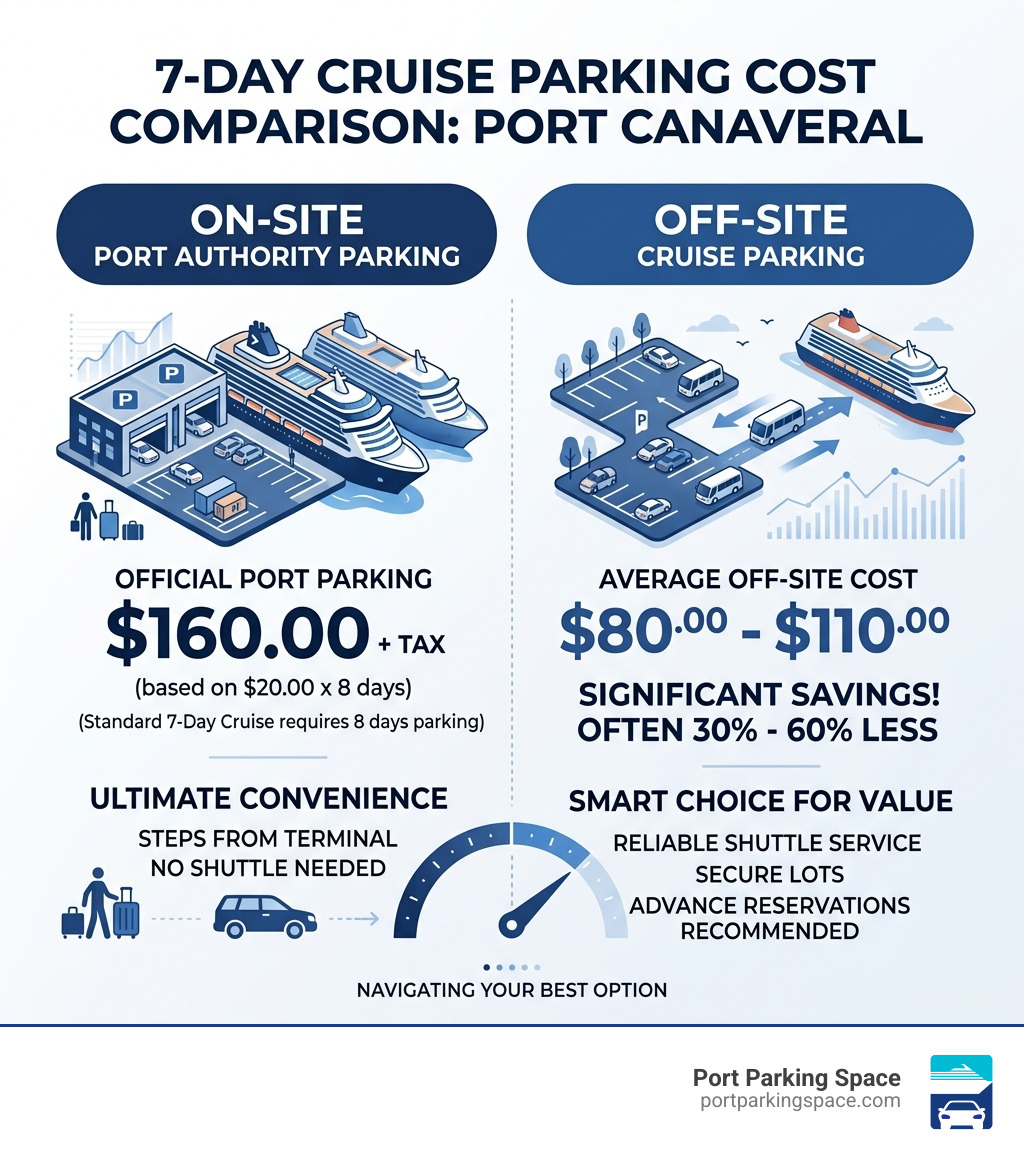 Infographic comparing on-site vs off-site Port Canaveral cruise parking costs for a 7-day cruise - cheap cruise terminal Infographic comparing on-site vs off-site Port Canaveral cruise parking costs for a 7-day cruise - cheap cruise terminal