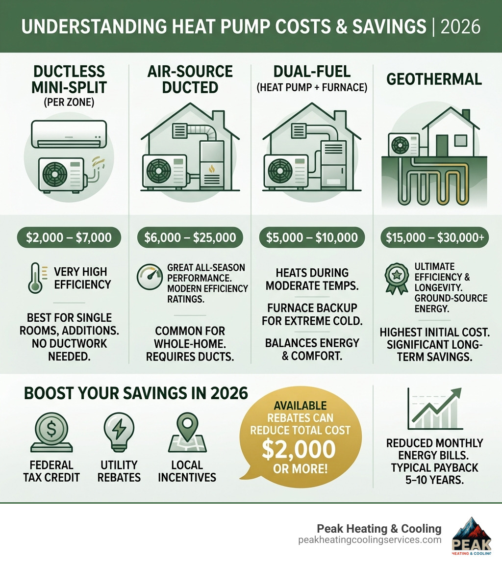 Heat pump cost breakdown infographic showing system types, price ranges, efficiency ratings, and available rebates in 2026 Heat pump cost breakdown infographic showing system types, price ranges, efficiency ratings, and available rebates in 2026