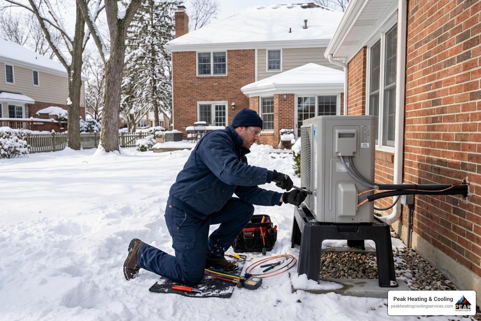 technician in uniform installing a heat pump on a snow stand in a Northbrook backyard during a clear winter day - heat pump technician in uniform installing a heat pump on a snow stand in a Northbrook backyard during a clear winter day - heat pump