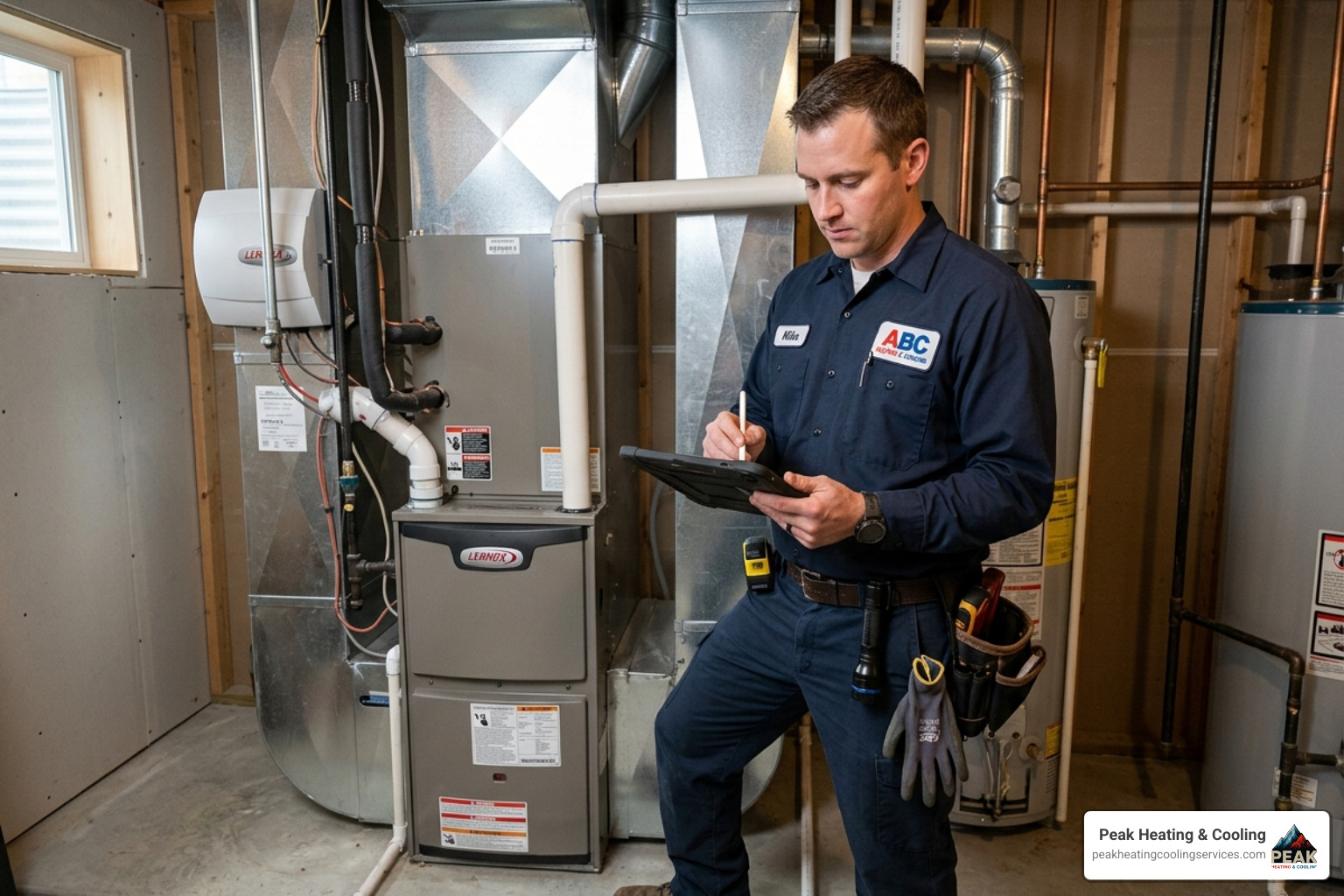 HVAC professional performing a Manual J load calculation on a tablet in a residential basement - heat pump cost HVAC professional performing a Manual J load calculation on a tablet in a residential basement - heat pump cost
