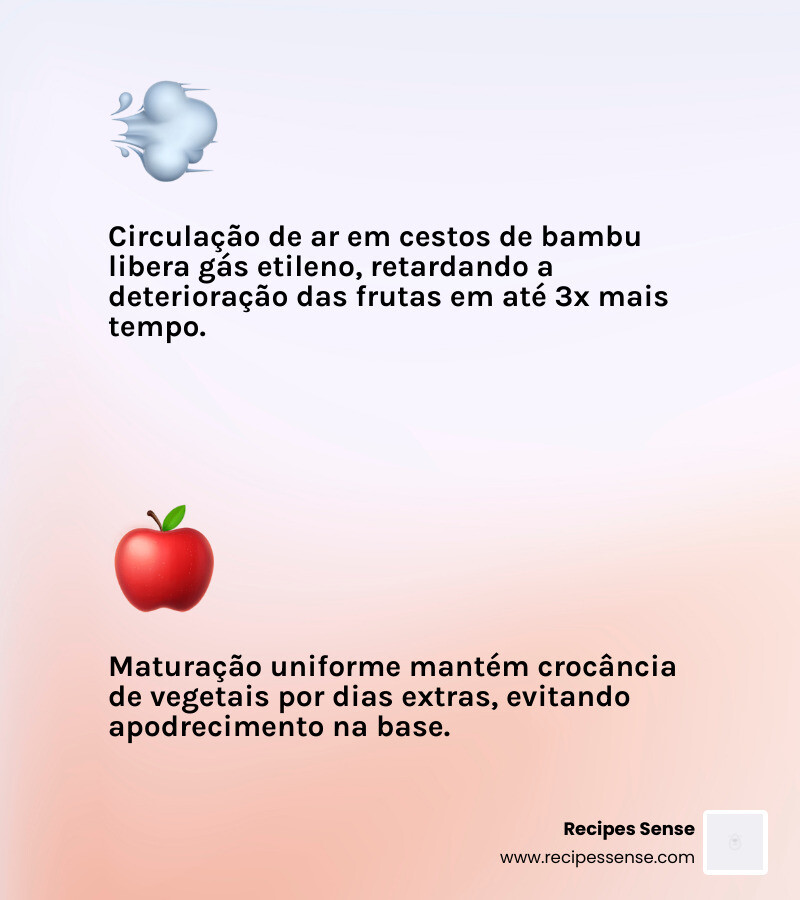infográfico mostrando benefícios da circulação de ar em cestos de bambu para conservação de frutas - cesto frutas cozinha