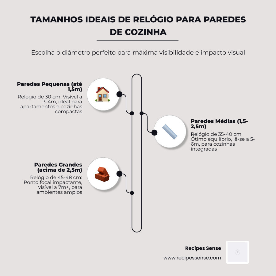 infographic showing ideal clock sizes for different kitchen wall dimensions - relógio parede cozinha grande infographic